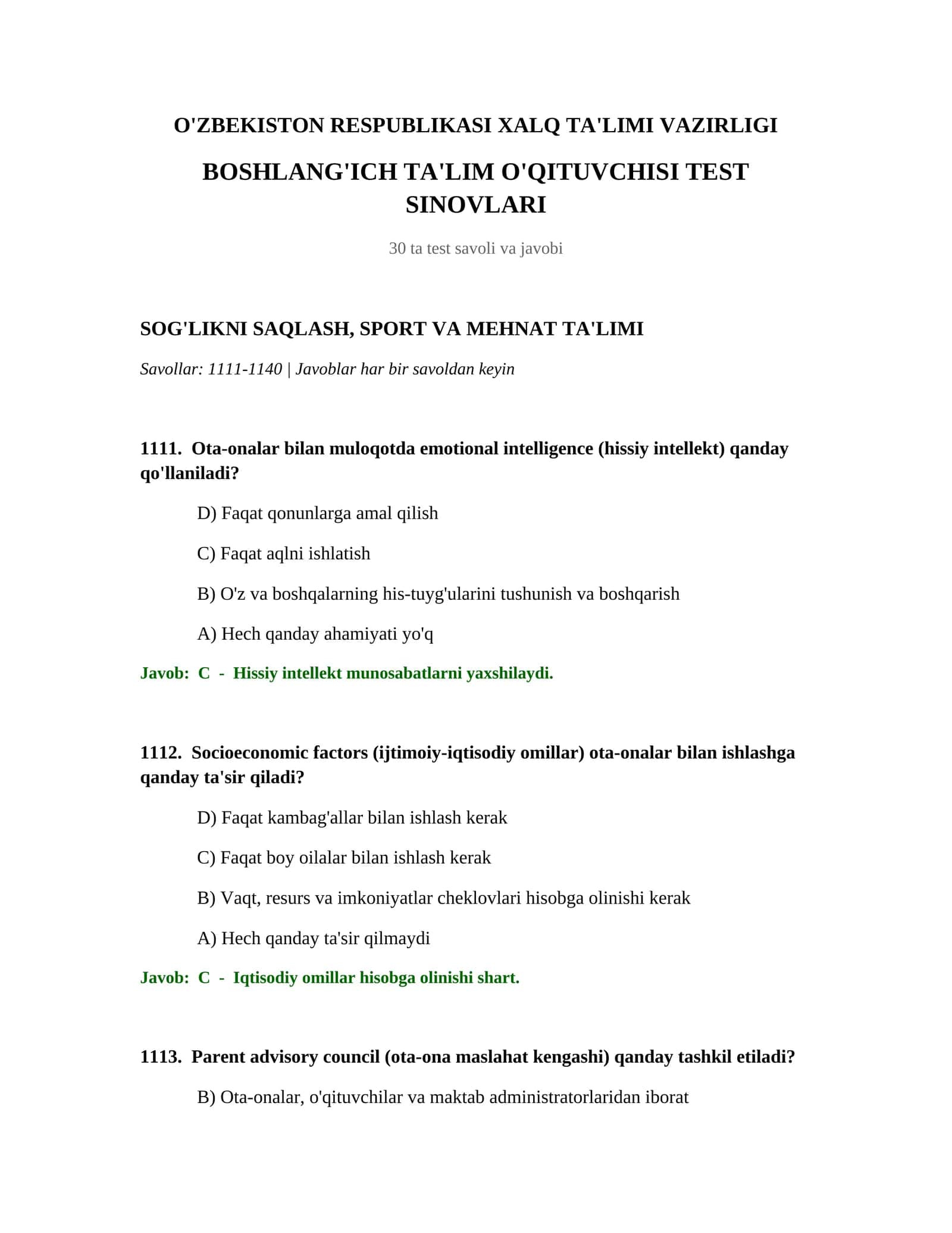 BOSHLANG'ICH TA'LIM O'QITUVCHISI TEST SINOVLARI 1