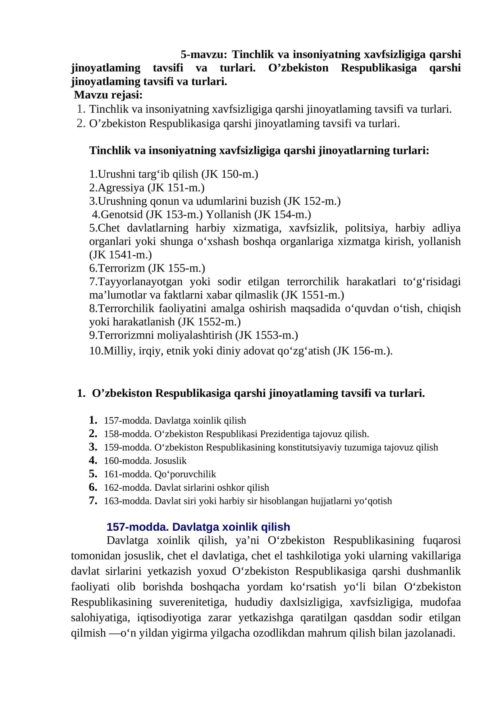 Tinchlik va insoniyatning xavfsizligiga qarshi jinoyatlaming tavsifi va turlari 1
