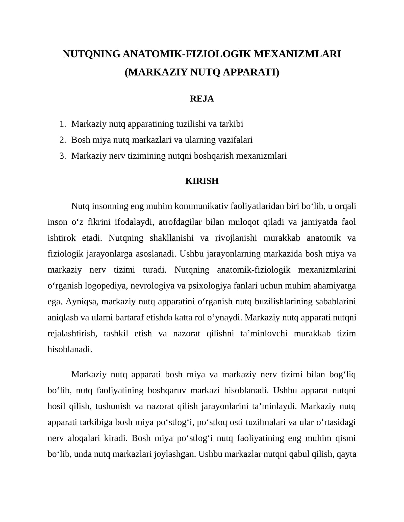 NUTQNING ANATOMIK-FIZIOLOGIK MEXANIZMLARI (MARKAZIY NUTQ APPARATI) 1