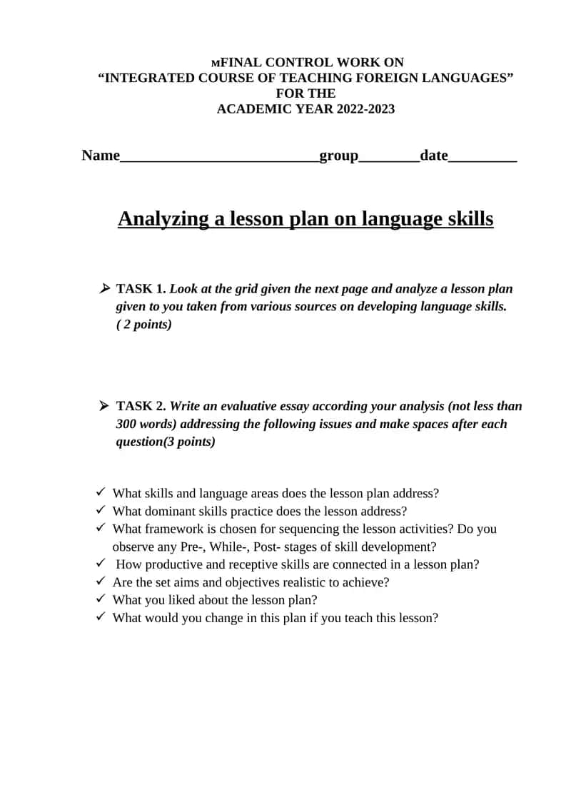 FINAL CONTROL WORK ON “INTEGRATED COURSE OF TEACHING FOREIGN LANGUAGES” 1