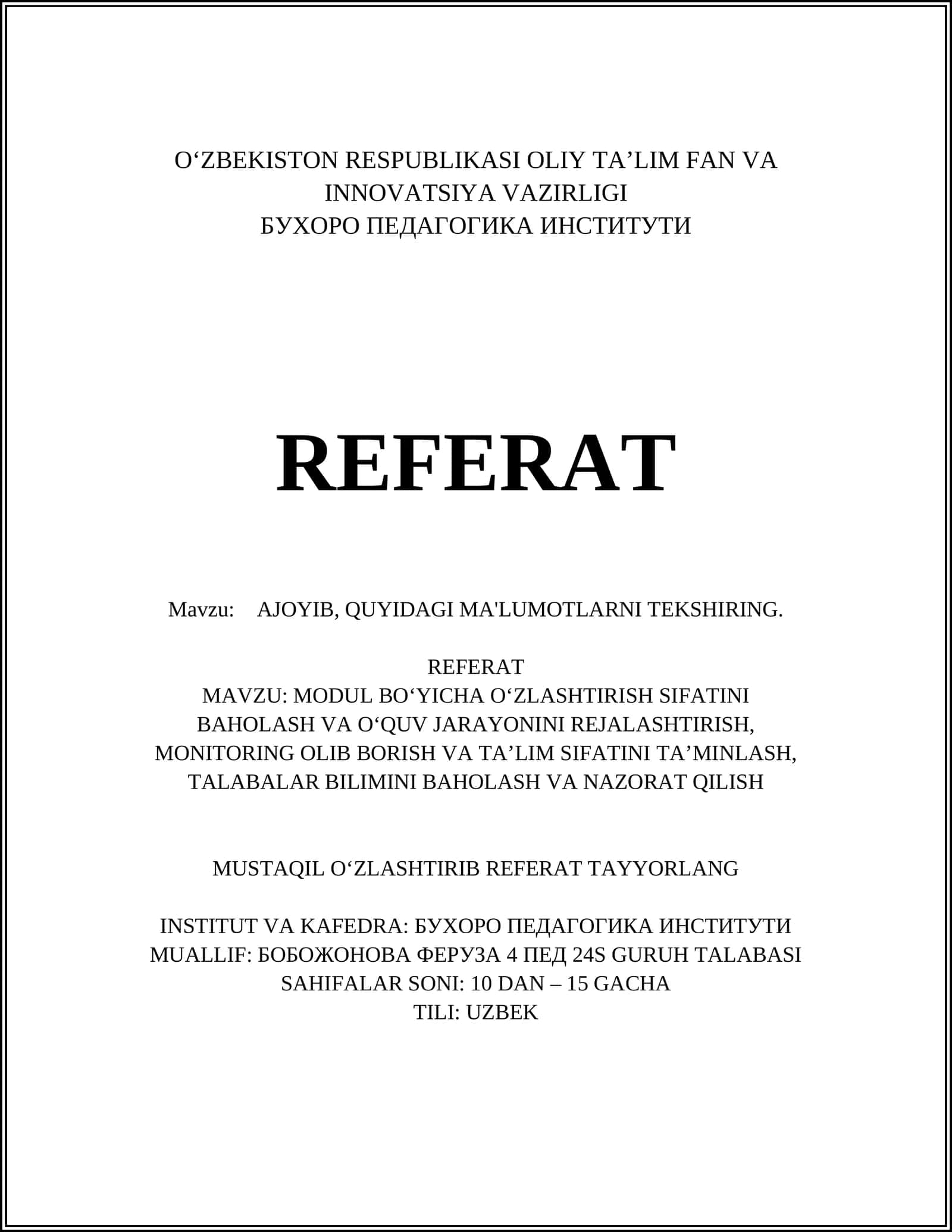 MODUL BOʻYICHA OʻZLASHTIRISH SIFATINI BAHOLASH VA OʻQUV JARAYONINI REJALASHTIRISH 1