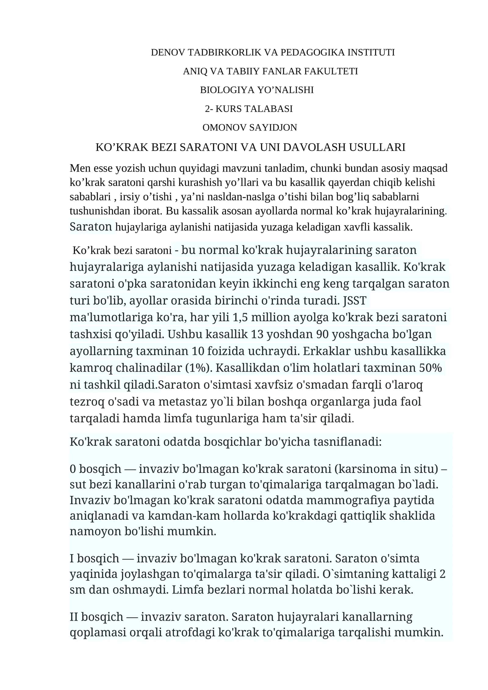 Ko'krak Bezi Saratoni va Uni Davolash Usullari 1