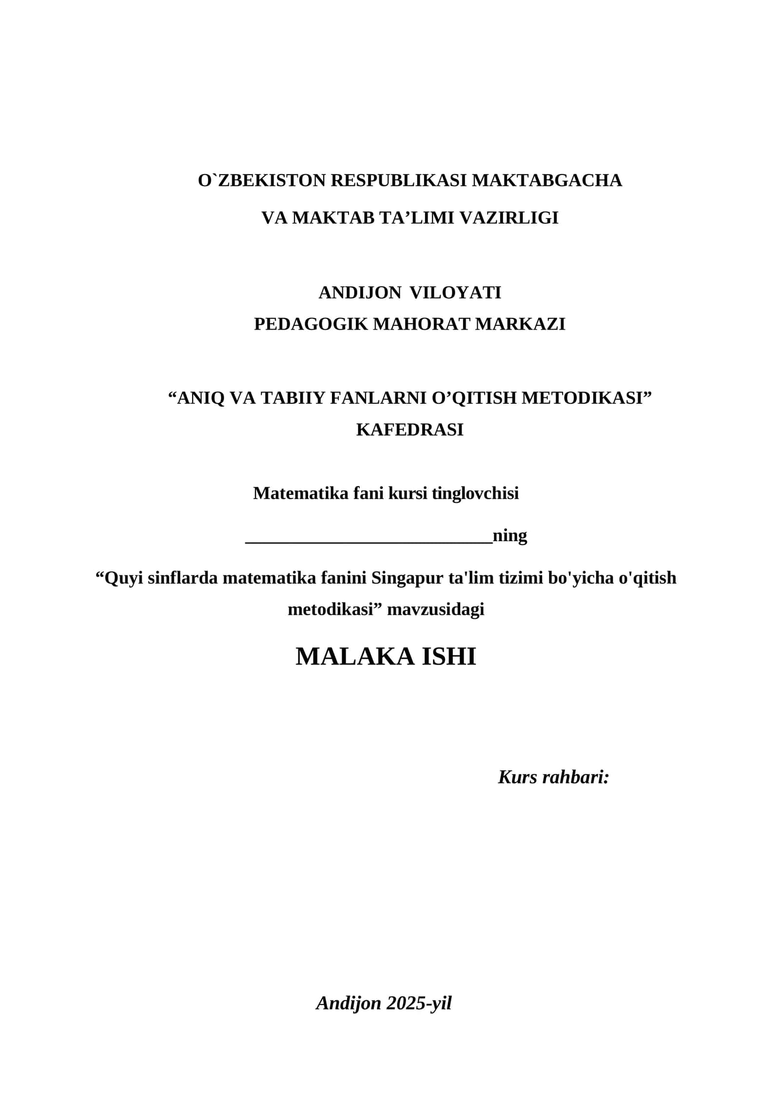 Quyi sinflarda matematika fanini Singapur ta'lim tizimi bo'yicha o'qitish metodikasi 1