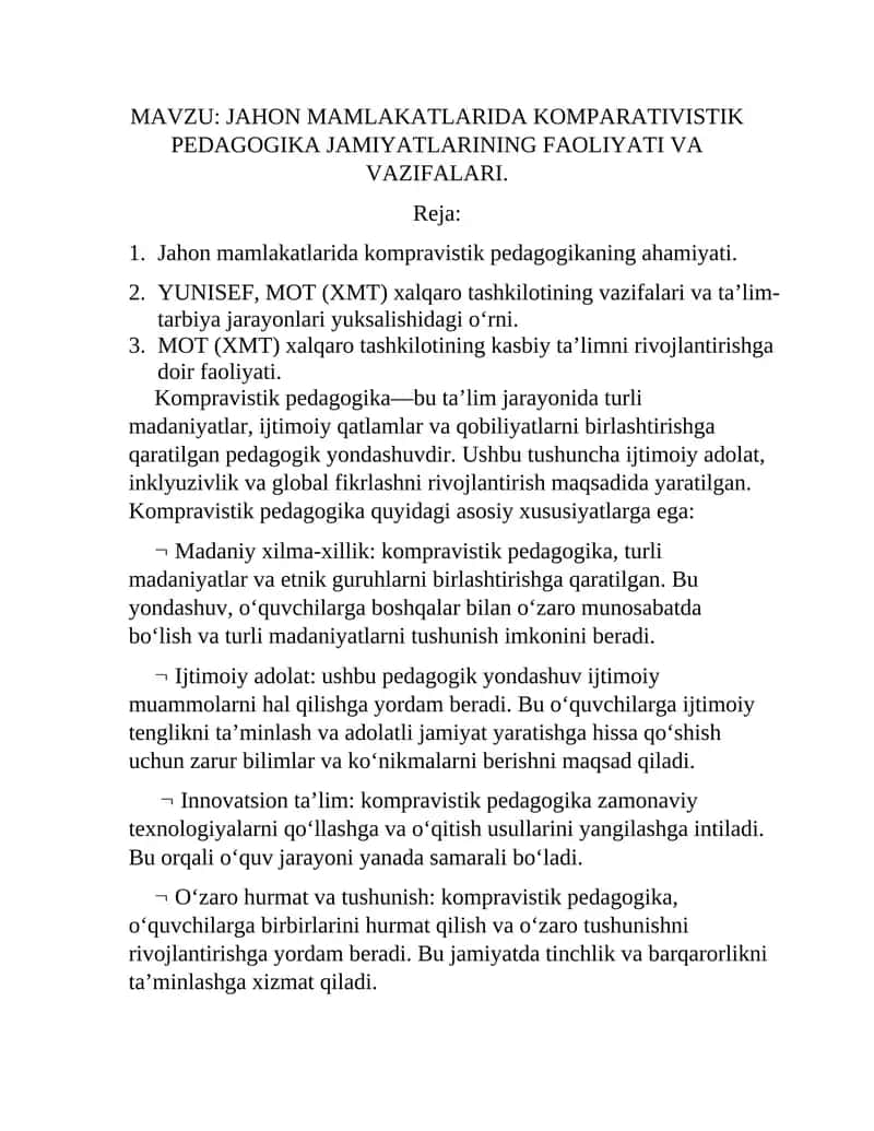 Komparativistik pedagogika. JAHON MAMLAKATLARIDA KOMPARATIVISTIK PEDAGOGIKA JAMIYATLARINING FAOLIYATI VA VAZIFALARI. 1