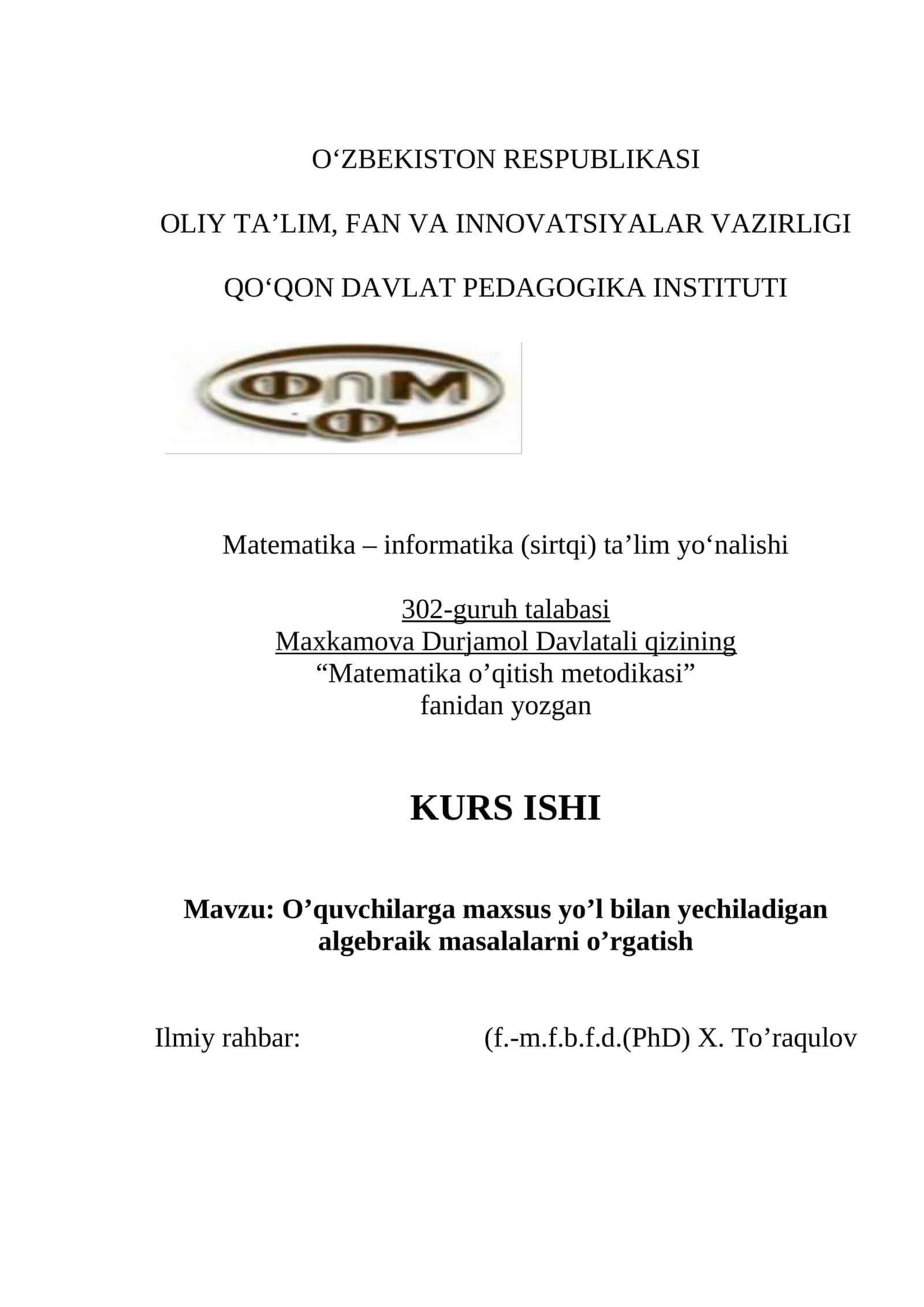 O’quvchilarga maxsus yo’l bilan yechiladigan algebraik masalalarni o’rgatish 1