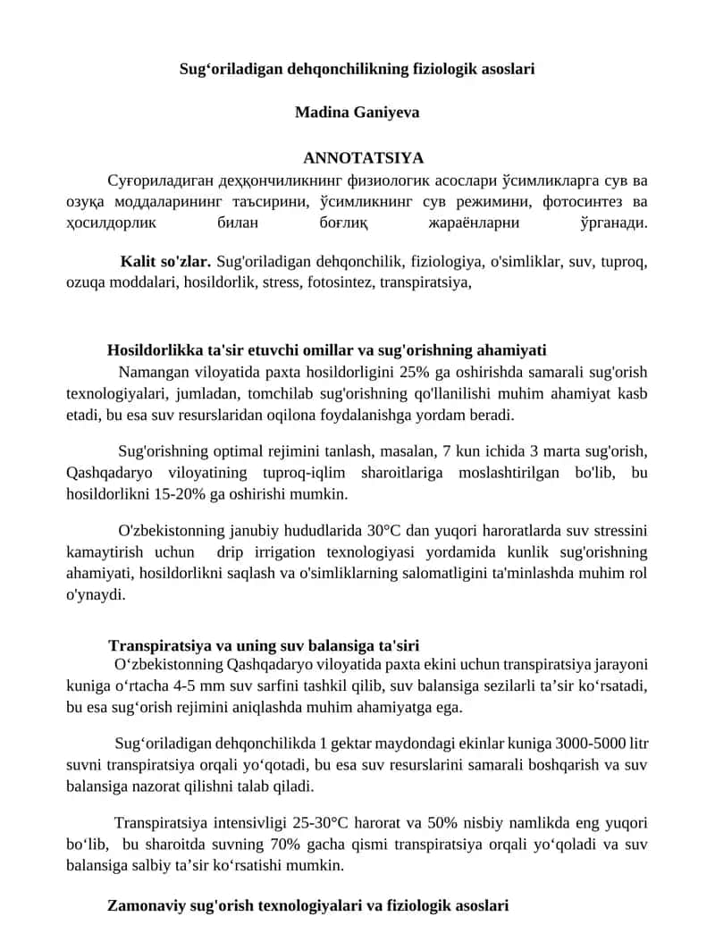 Sugʻoriladigan dehqonchilikning fiziologik asoslari 1