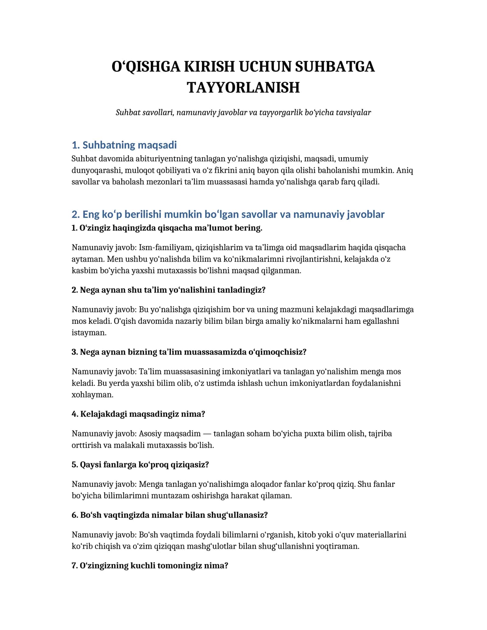 O‘QISHGA KIRISH UCHUN SUHBATGA TAYYORLANISH 1