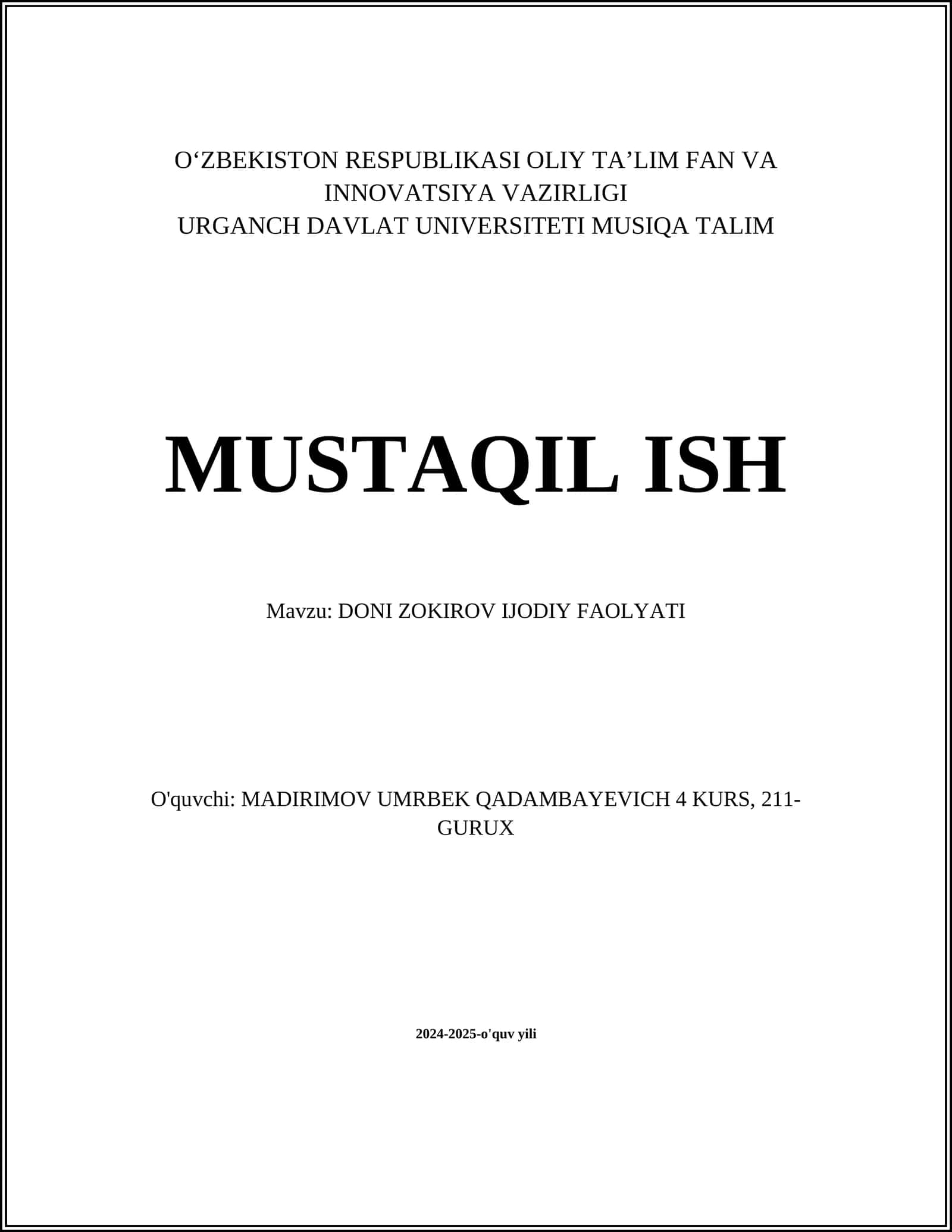 DONI ZOKIROV IJODIY FAOLYATI 1