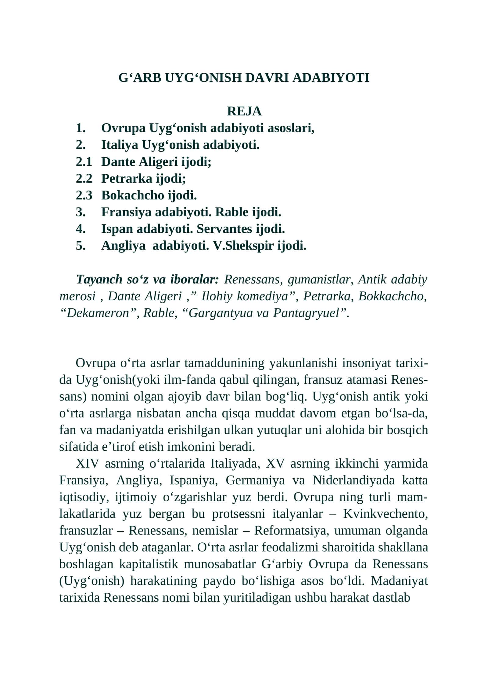 G‘ARB UYG‘ONISH DAVRI ADABIYOTI 1