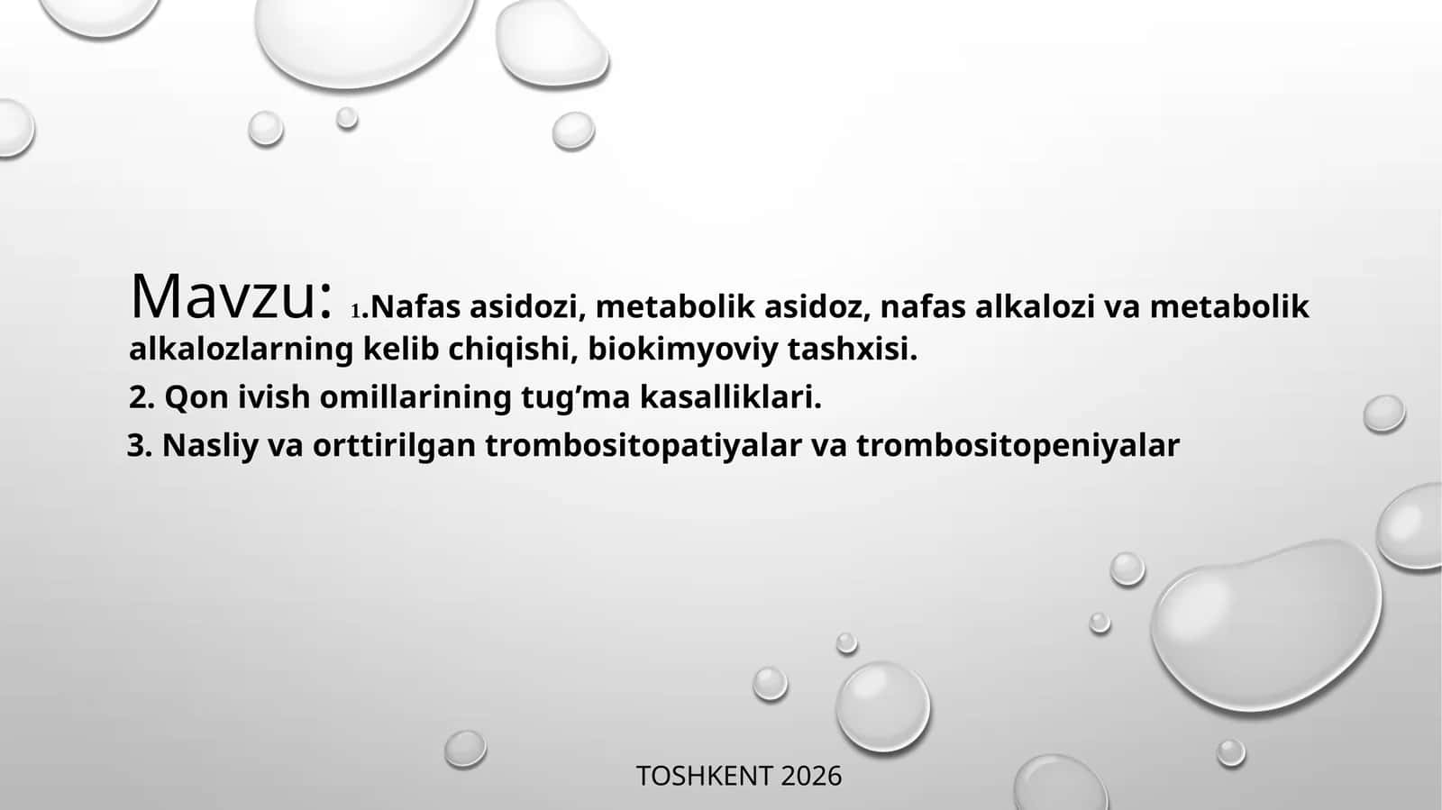 Nafas asidozi, metabolik asidoz, nafas alkalozi va metabolik alkalozlarning kelib chiqishi, biokimyoviy tashxisi. Qon ivish omillarining tug’ma kasalliklari. Nasliy va orttirilgan trombositopatiyalar va trombositopeniyalar 1
