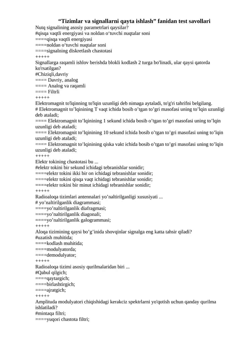 Tizimlar va signallarni qayta ishlash fanidan test savollari 1