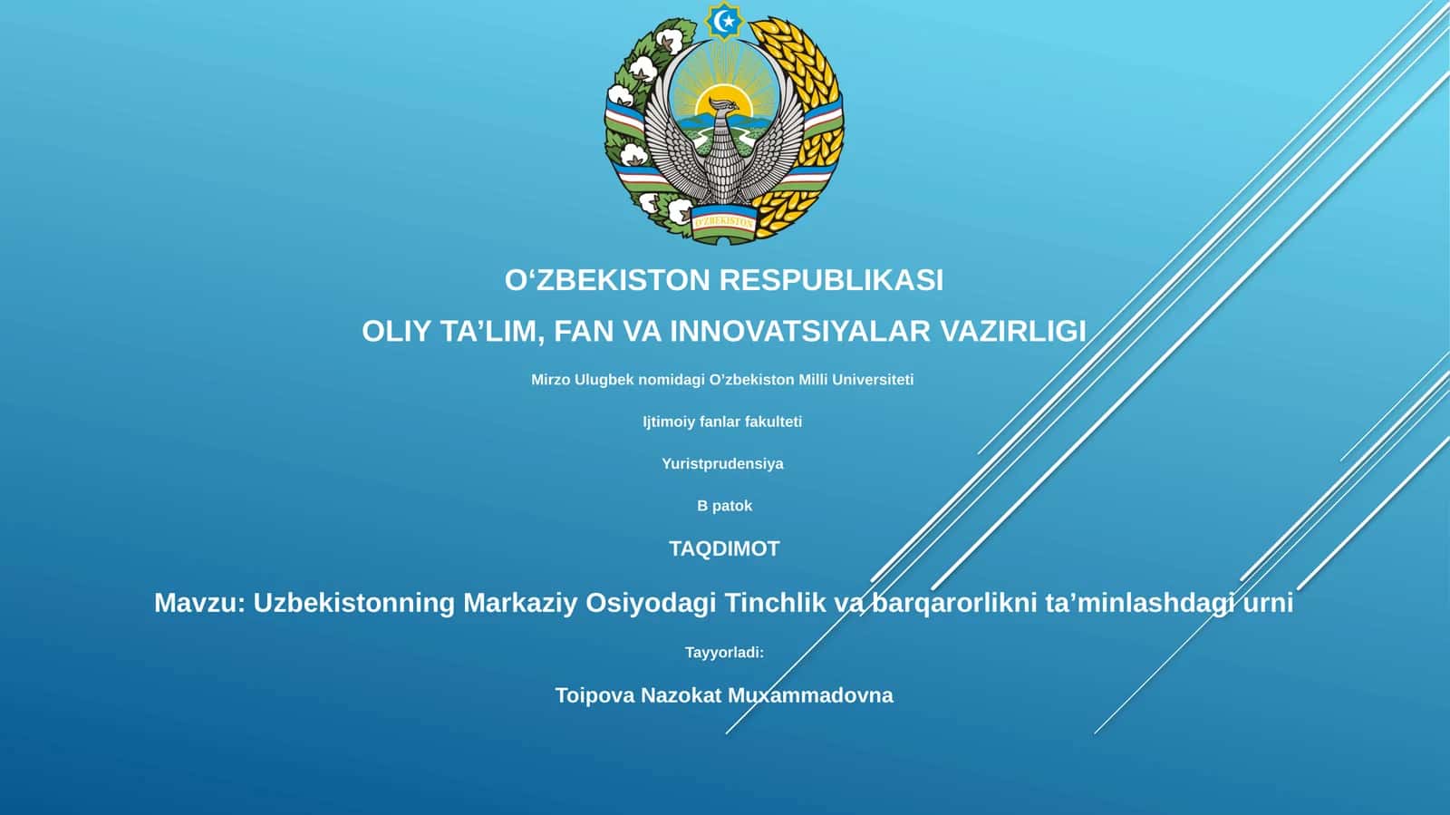 Uzbekistonning Markaziy Osiyodagi Tinchlik va barqarorlikni ta’minlashdagi urni 1