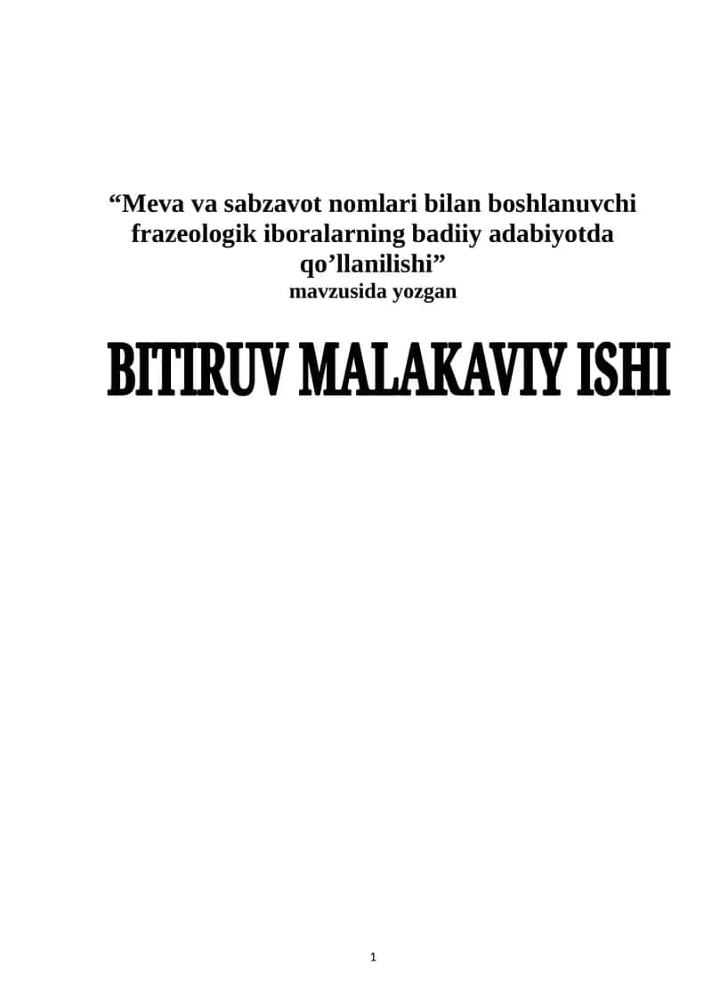 Meva va sabzavot nomlari bilan boshlanuvchi frazeologik iboralarning badiiy adabiyotda qo’llanilishi 1