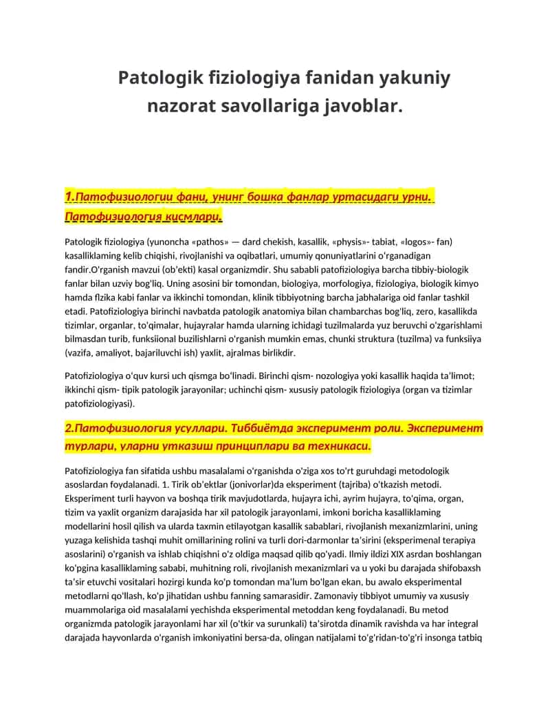Patologik fiziologiya nazorat savollari 1