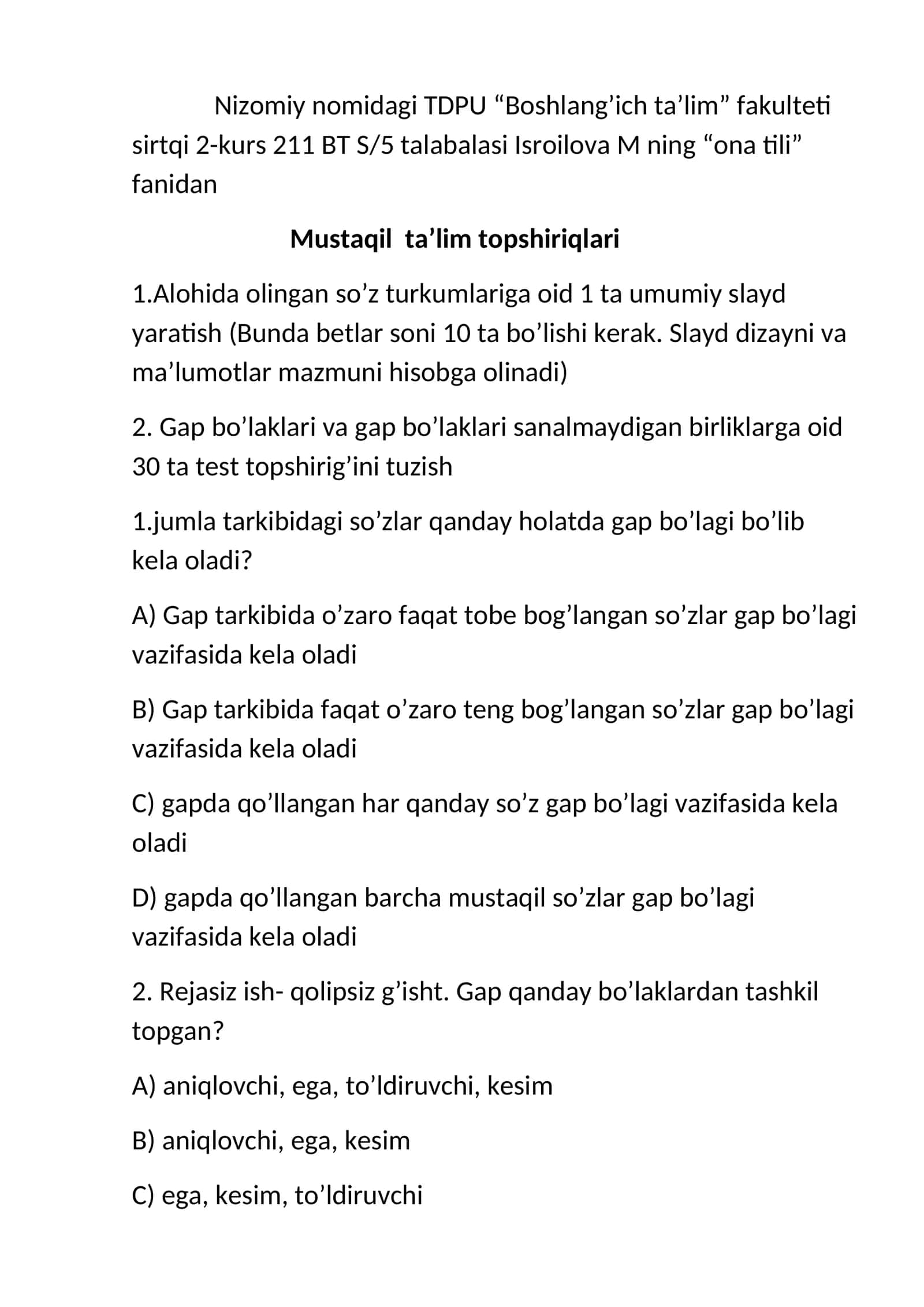Ona tili fanidan Mustaqil ta’lim topshiriqlari 1