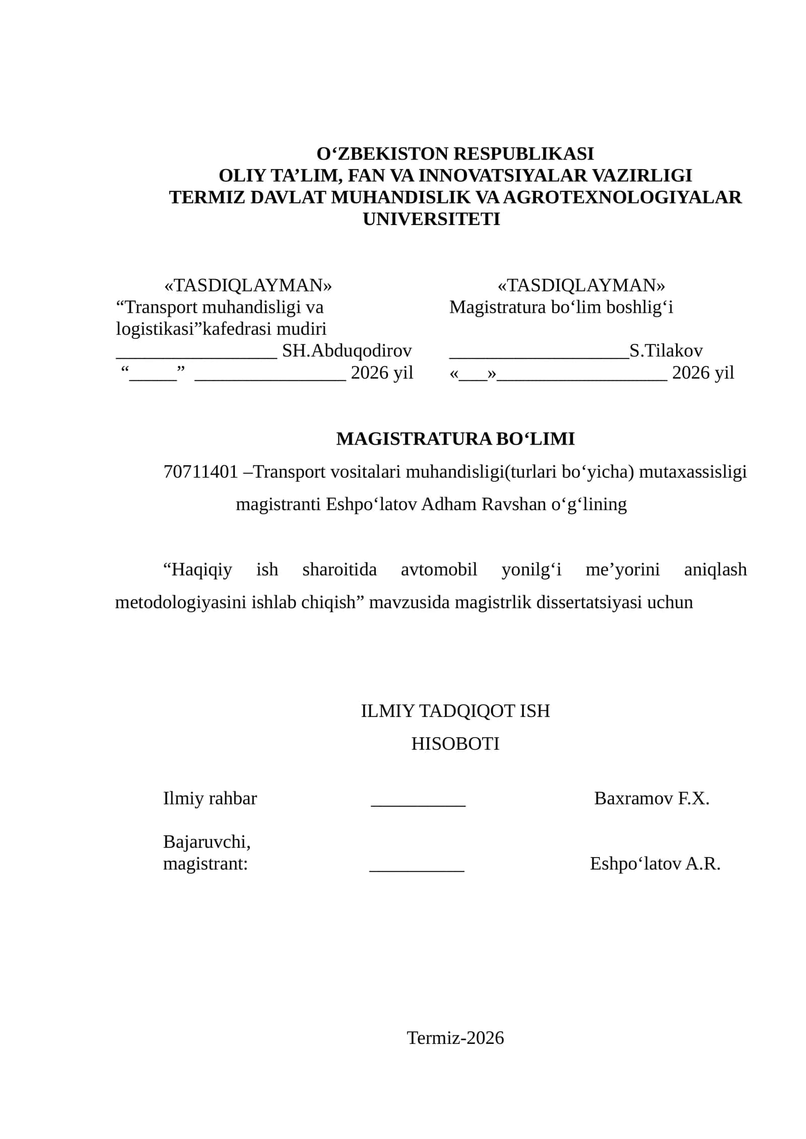 Haqiqiy ish sharoitida avtomobil yonilg‘i me’yorini aniqlash metodologiyasini ishlab chiqish 1