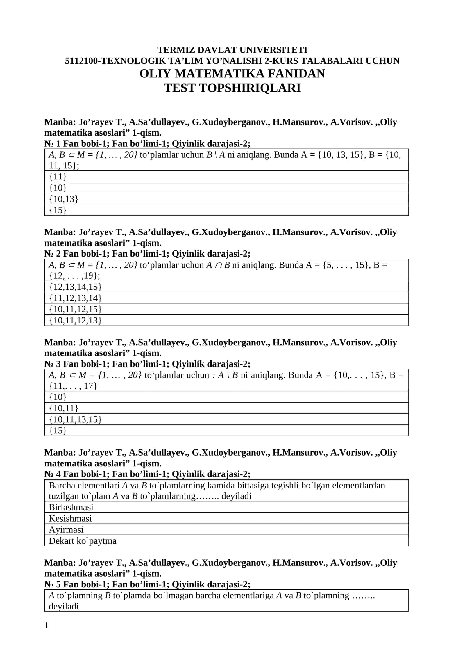 Oliy matematika asoslari 1-qism 1