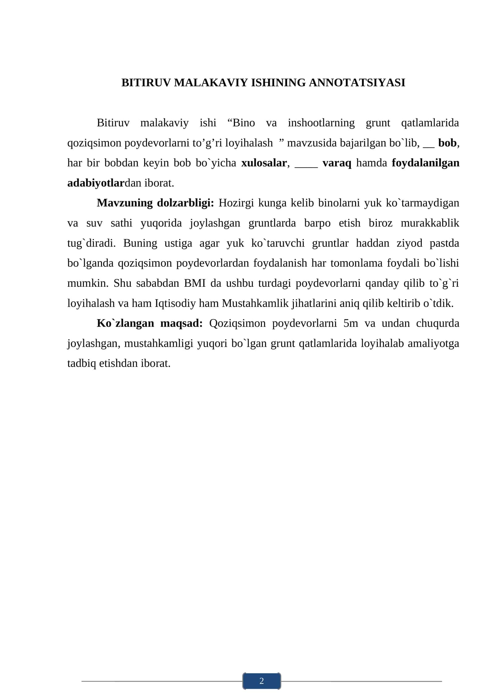BINO VA INSHOOTLARNING GRUNT QATLAMLARIDA QOZIQSIMON POYDEVORLARNI TO’G’RI LOYIHALASH” 1