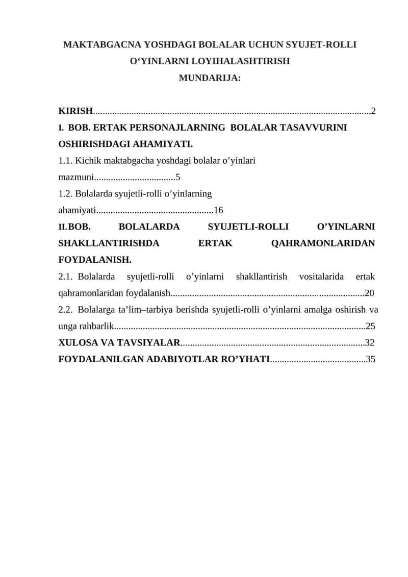 MAKTABGACNA YOSHDAGI BOLALAR UCHUN SYUJET-ROLLI O‘YINLARNI LOYIHALASHTIRISH 1