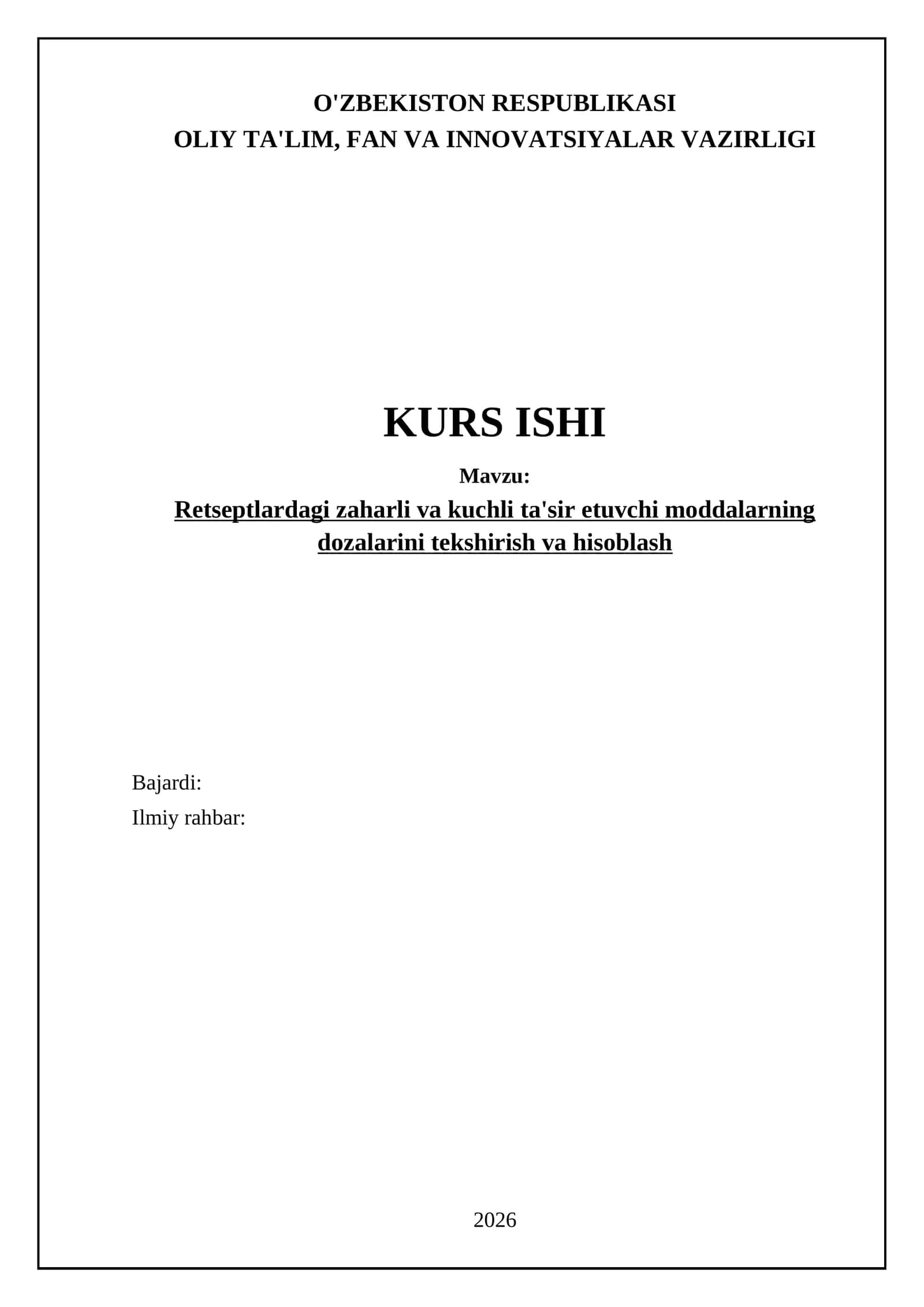 Zaharli va kuchli ta'sir etuvchi moddalarning dozalarini tekshirish va hisoblash 1