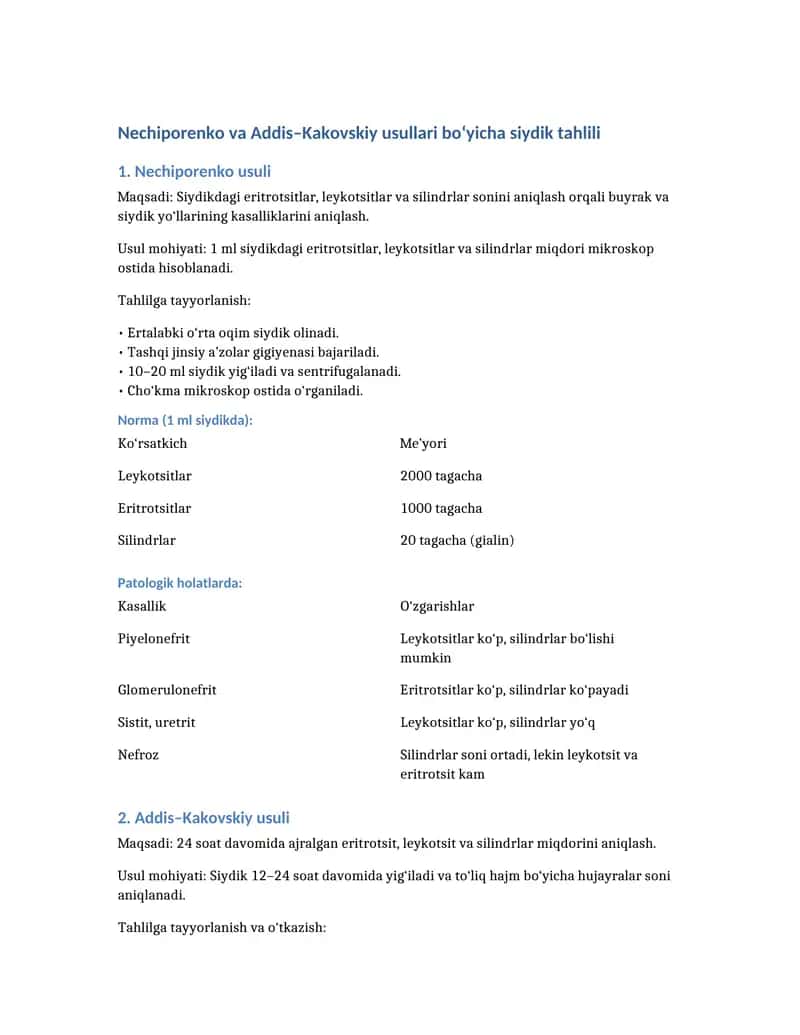 Nechiporenko va Addis Kakovskiy tekshirish usullari 1