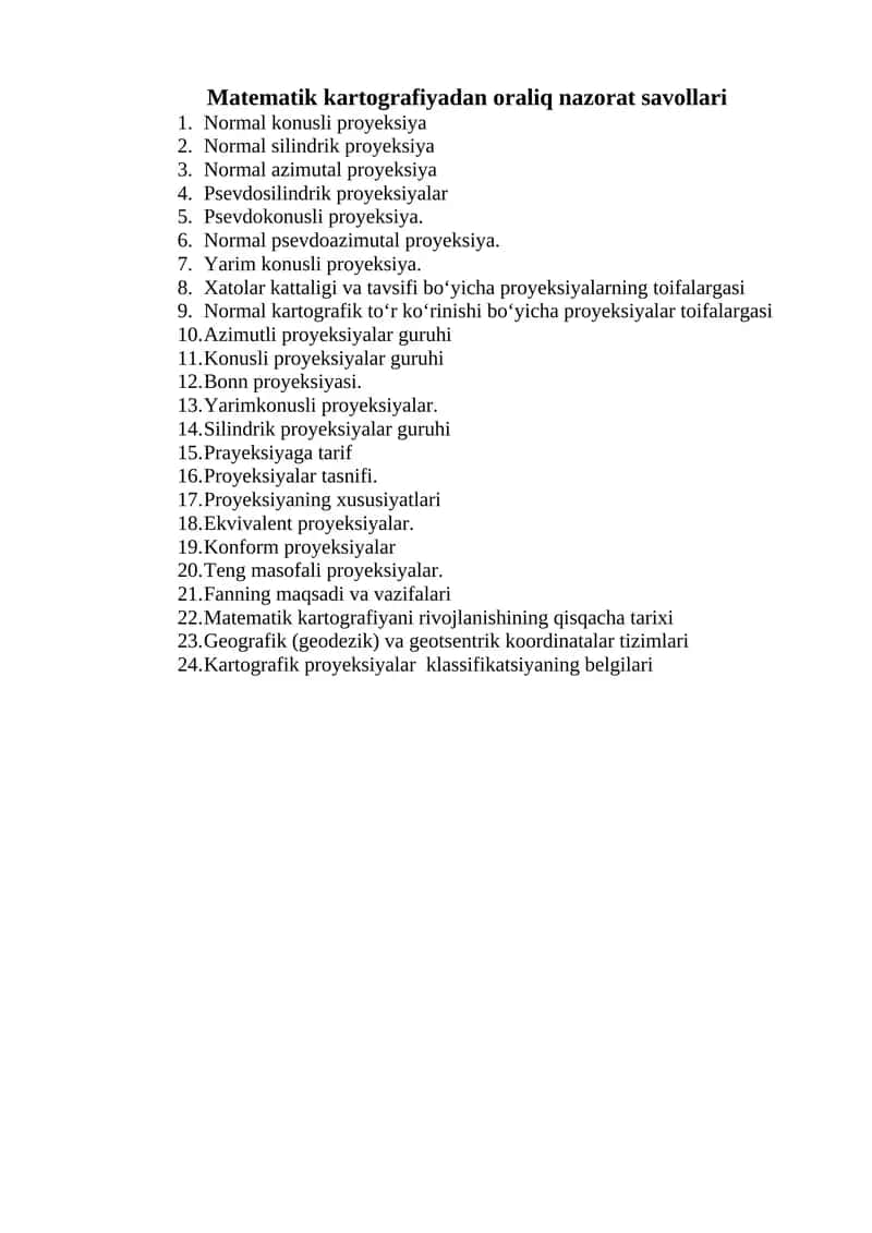 Matematik kartografiyadan oraliq nazorat savollari 1