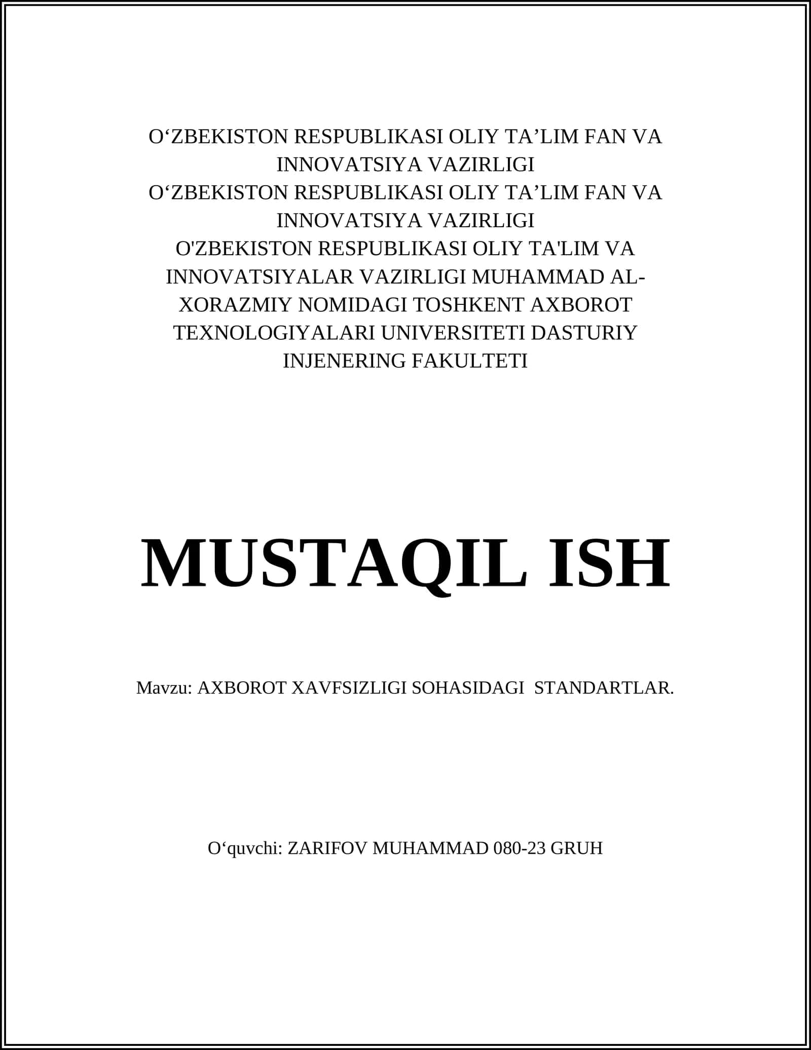 AXBOROT XAVFSIZLIGI SOHASIDAGI STANDARTLAR 1