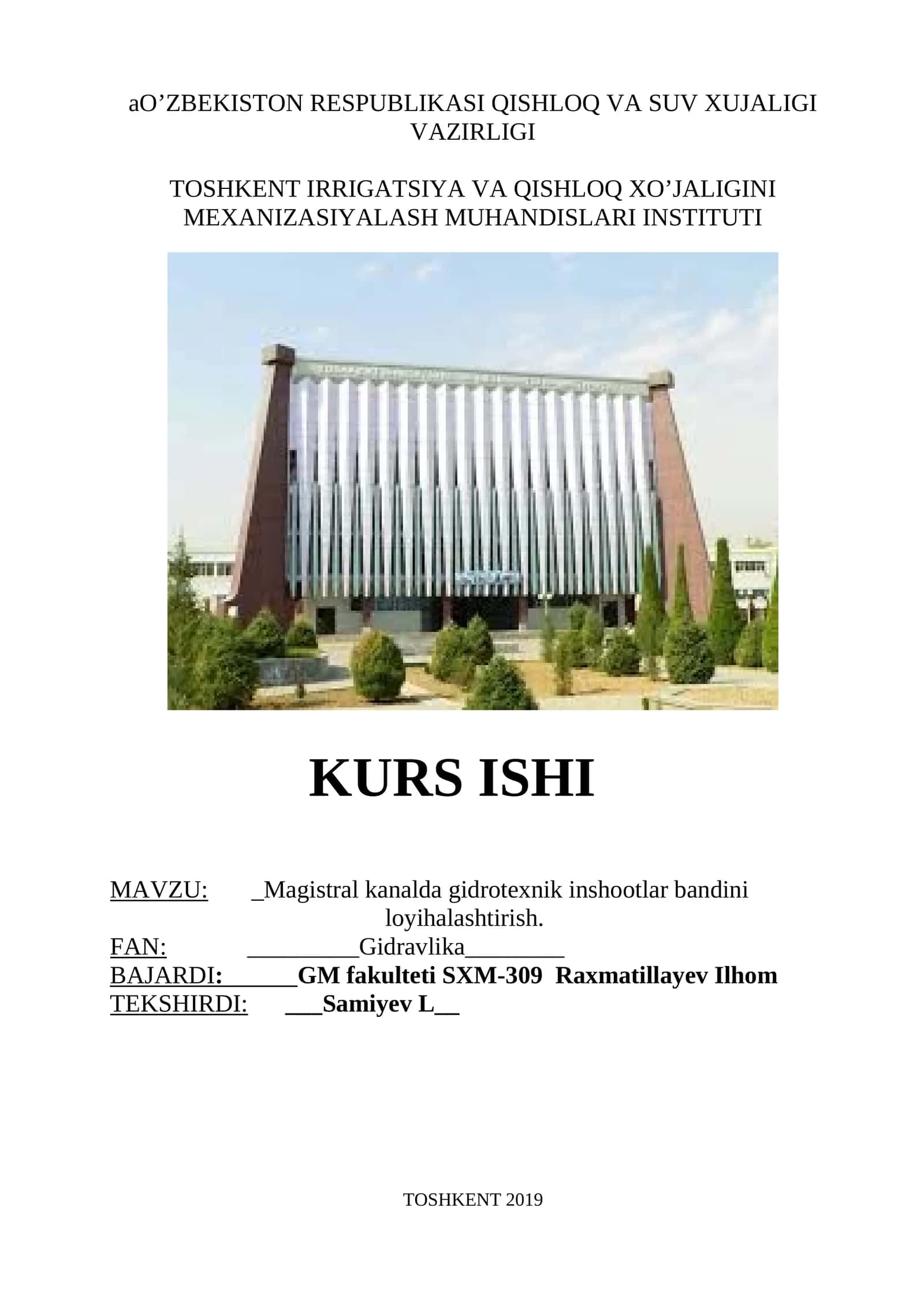 Magistral kanalda gidrotexnik inshootlar bandini loyihalashtirish 1