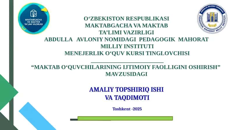 O‘zbekiston Respublikasi Prezidenti Sh.M. Mirziyoyev "Eng muhim vazifa - yoshavlodga puxta ta’lim berish, ularni ma’naviy tukinsonlare tibbiyalashdir" mavzusidagi 1