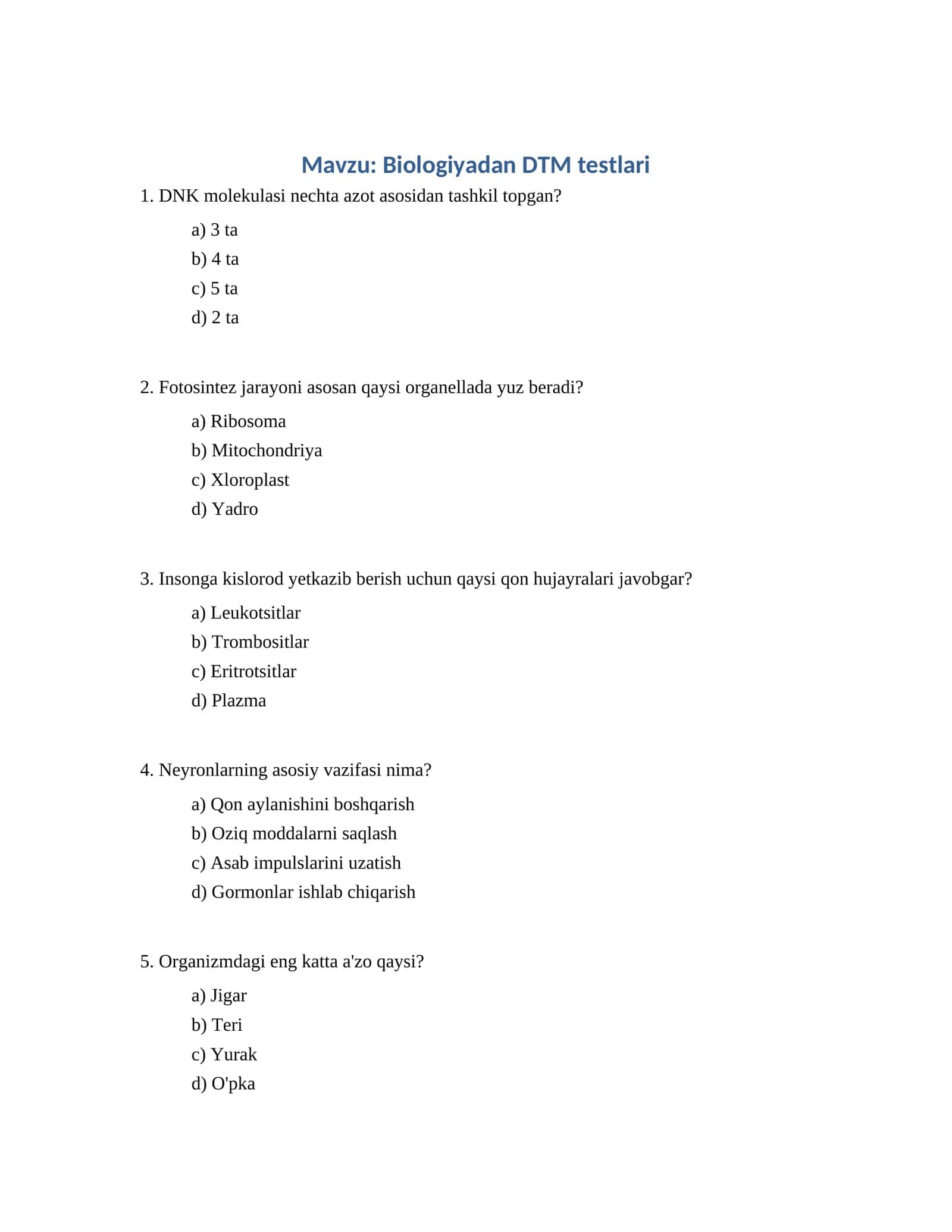 Biologiyadan DTM testlari 1