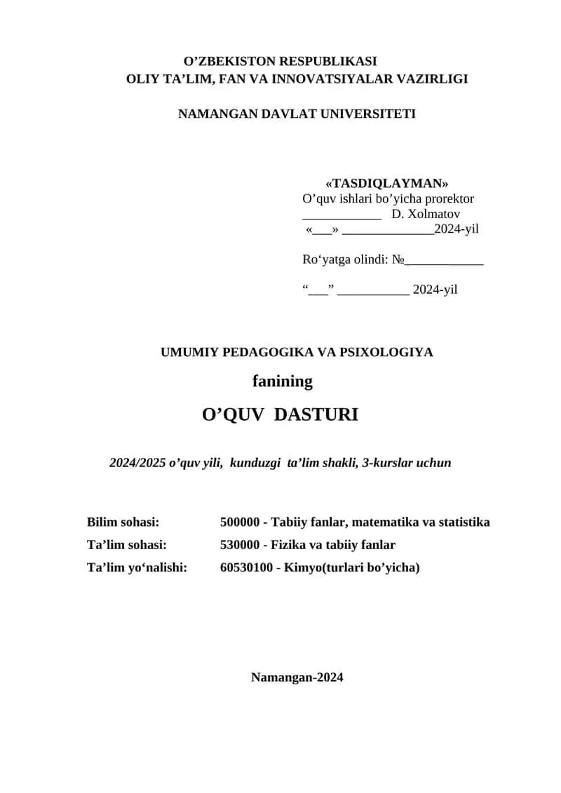 UMUMIY PEDAGOGIKA VA PSIXOLOGIYA fanining O’QUV DASTURI 1