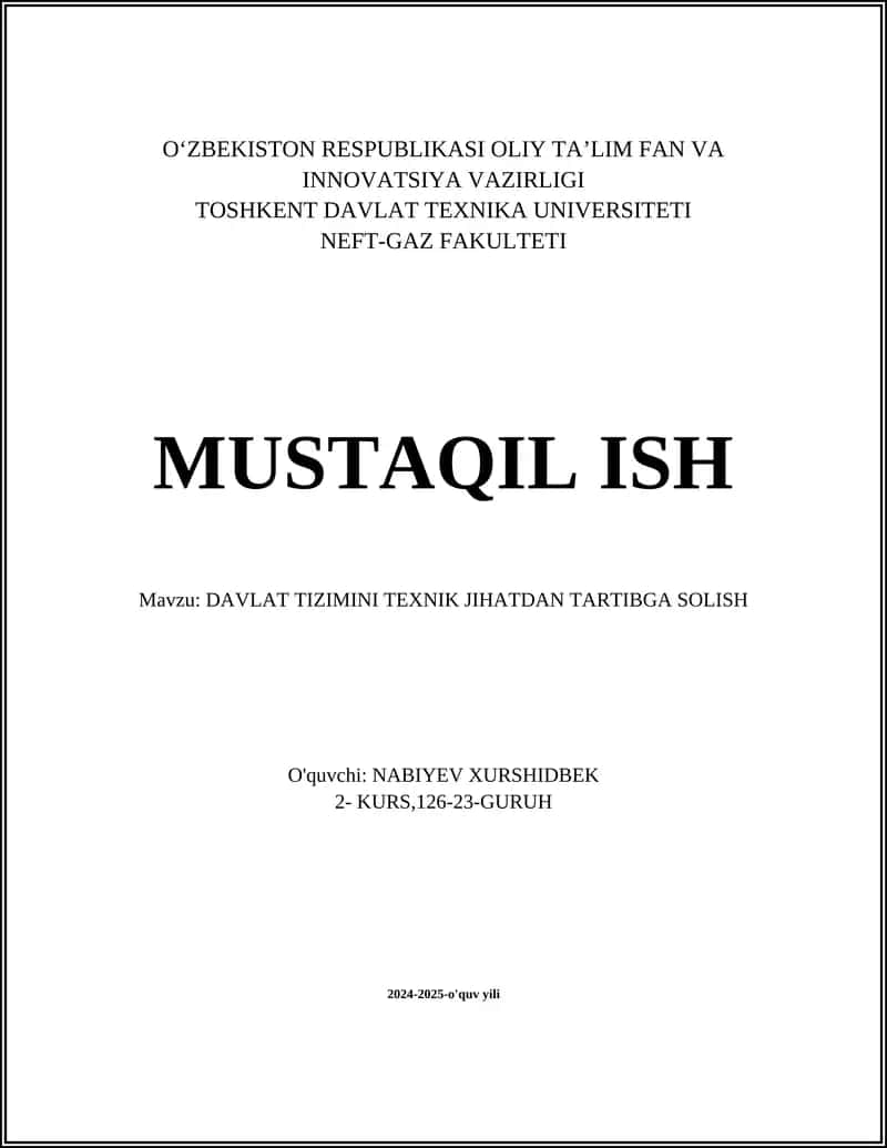 DAVLAT TIZIMINI TEXNIK JIHATDAN TARTIBGA SOLISH 1