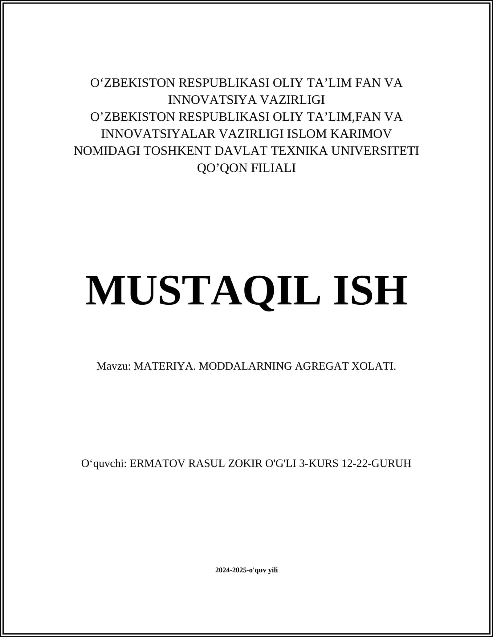 MATERIYA. MODDALARNING AGREGAT XOLATI 1
