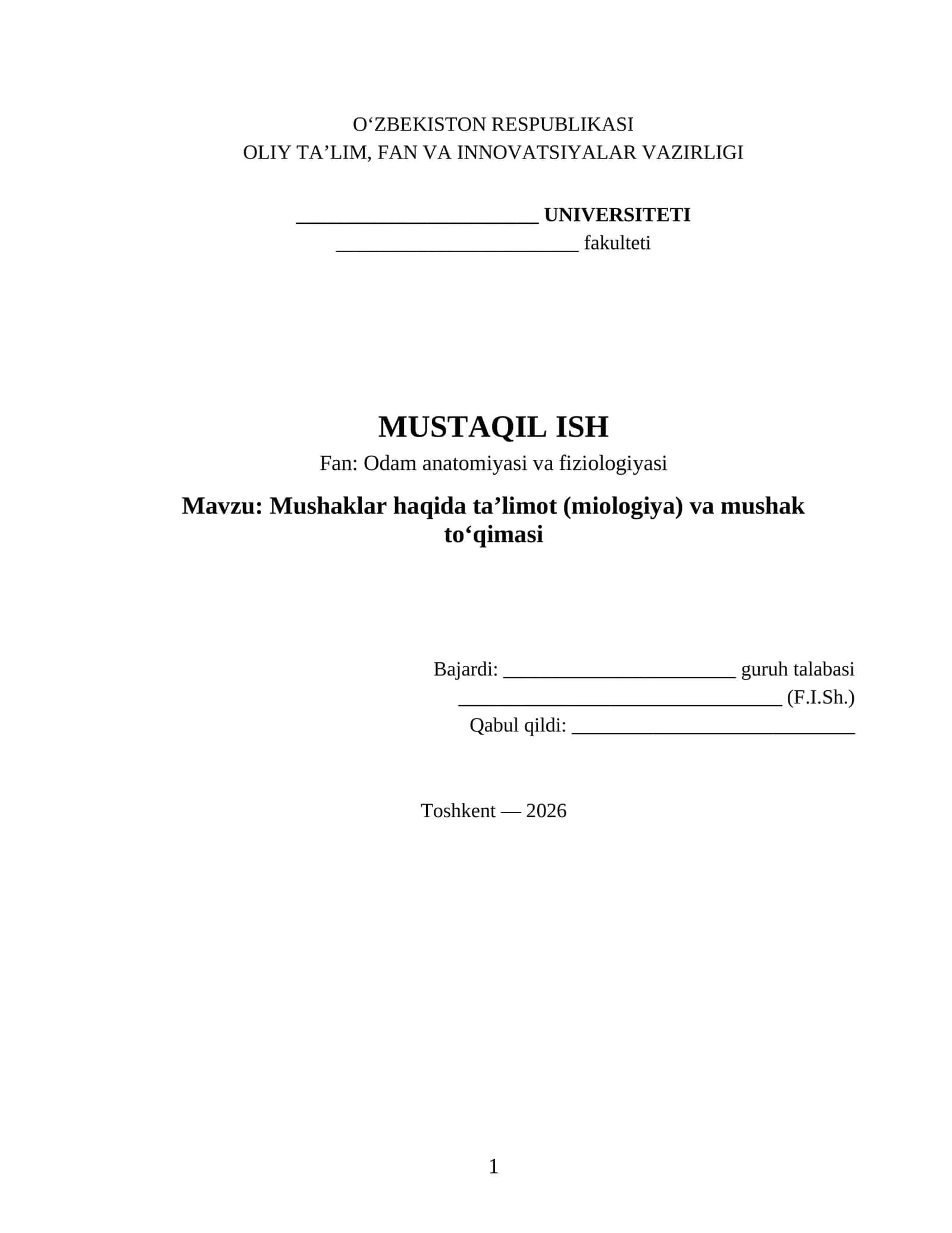Mushaklar haqida ta’limot (miologiya) va mushak to‘qimasi 1