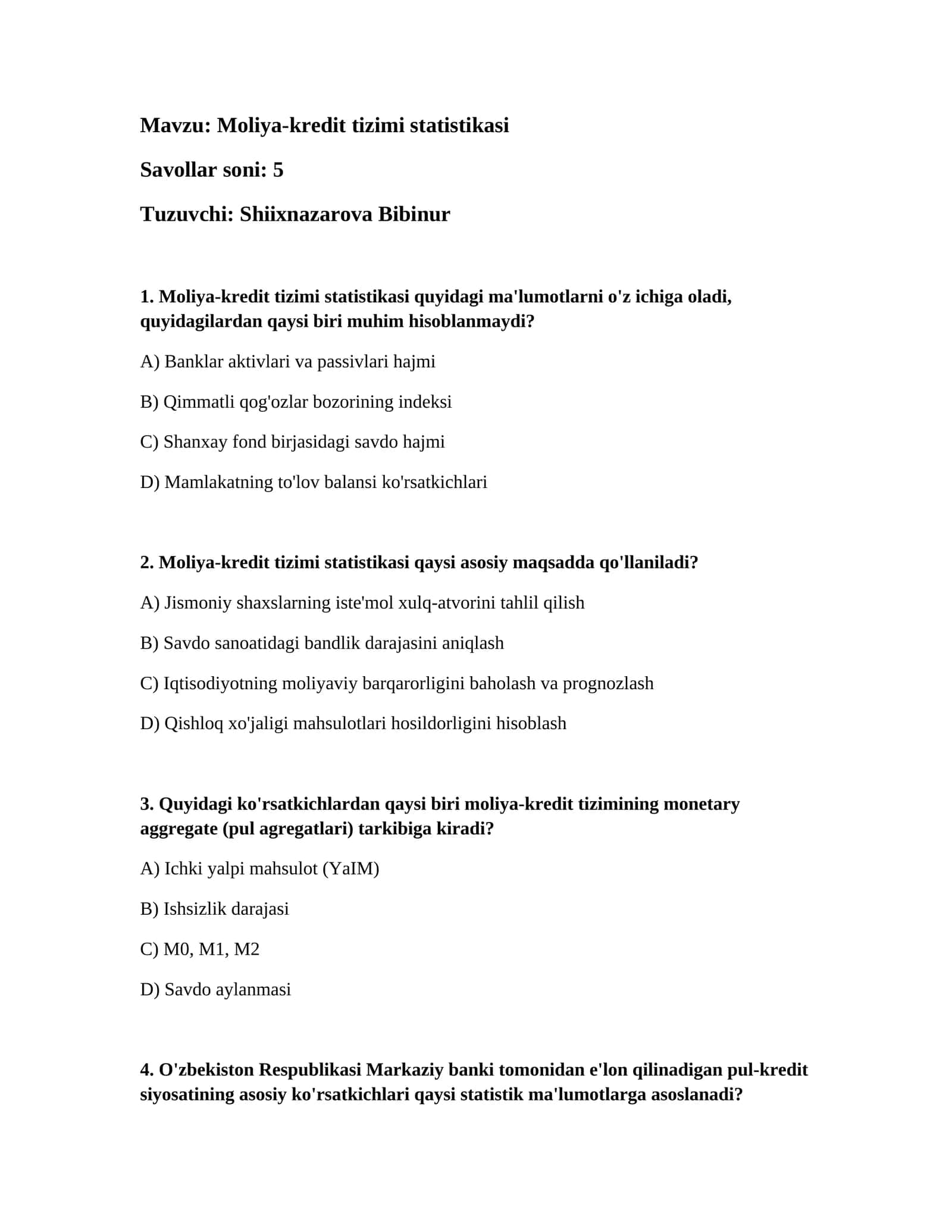 Moliya-kredit tizimi statistikasi 1