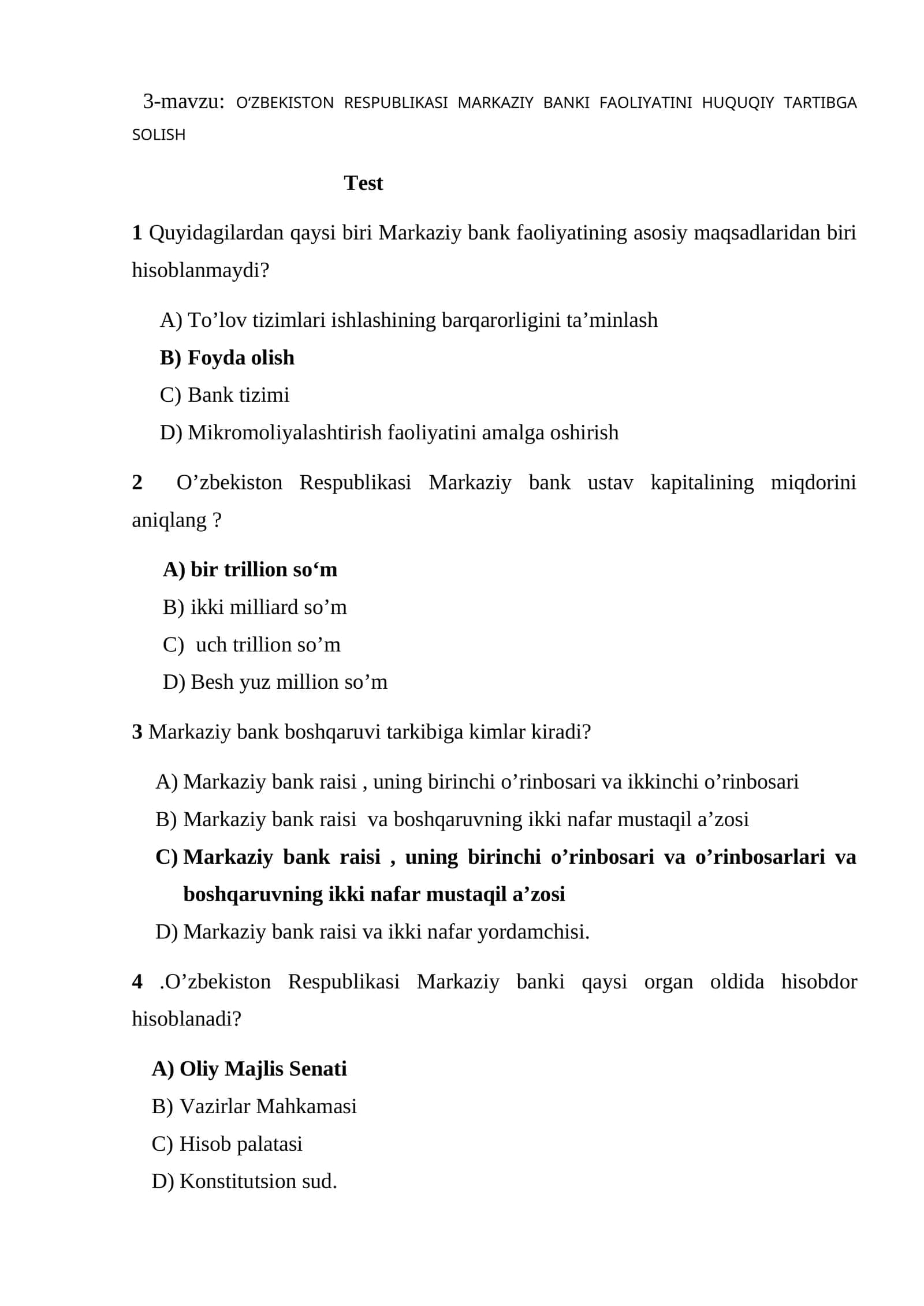 O‘ZBEKISTON RESPUBLIKASI MARKAZIY BANKI FAOLIYATINI HUQUQIY TARTIBGA SOLISH 1