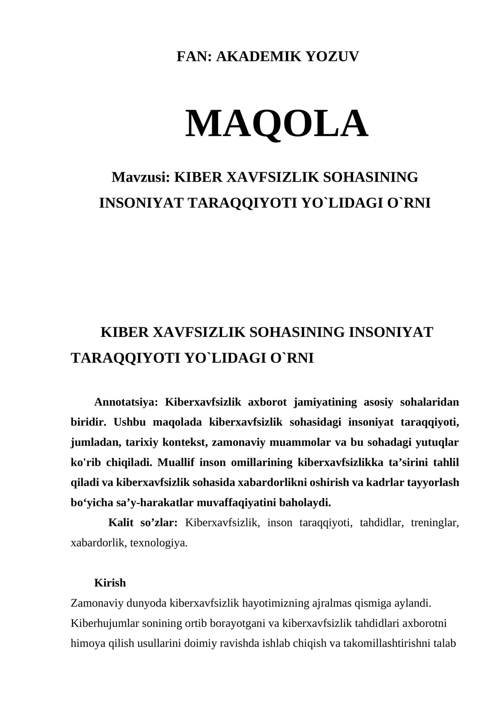 KIBER XAVFSIZLIK SOHASINING INSONIYAT TARAQQIYOTI YO`LIDAGI O`RNI 1