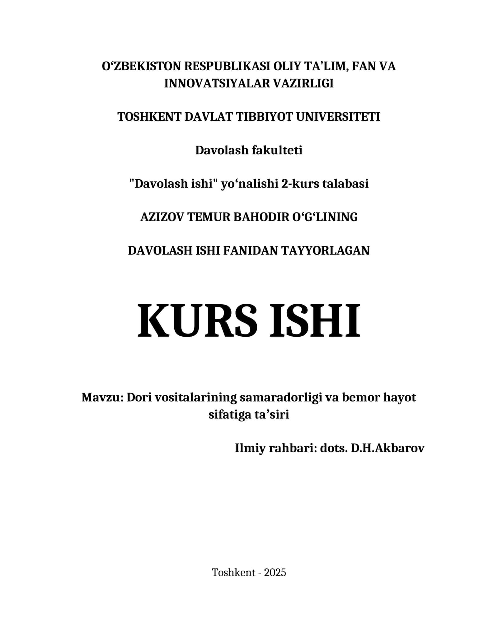 DAVOLASH ISHI FANIDAN TAYYORLAGAN KURS ISHI 1