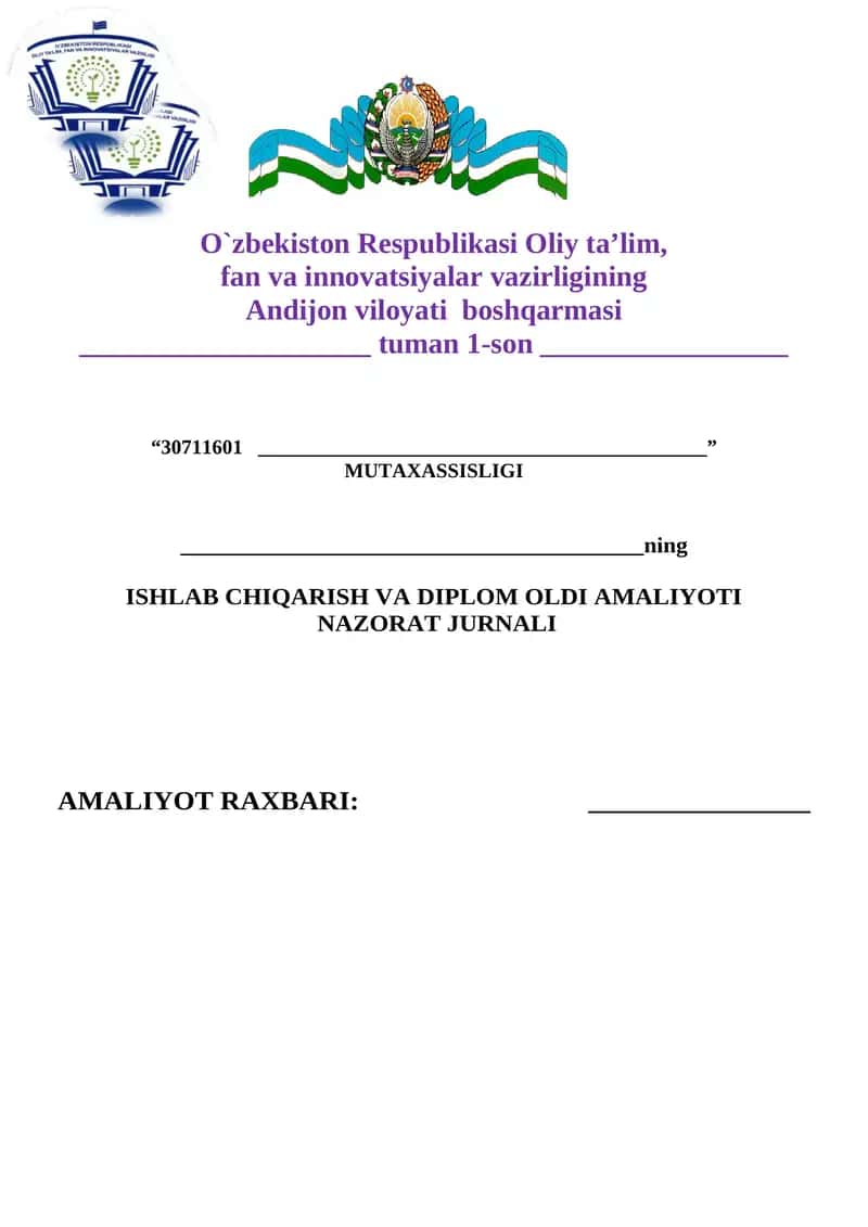 Diplom oldi va ishlab chiqarish amaliyoti nazorat qilish jurnali Tehnikum ICHTUlar uchun 1