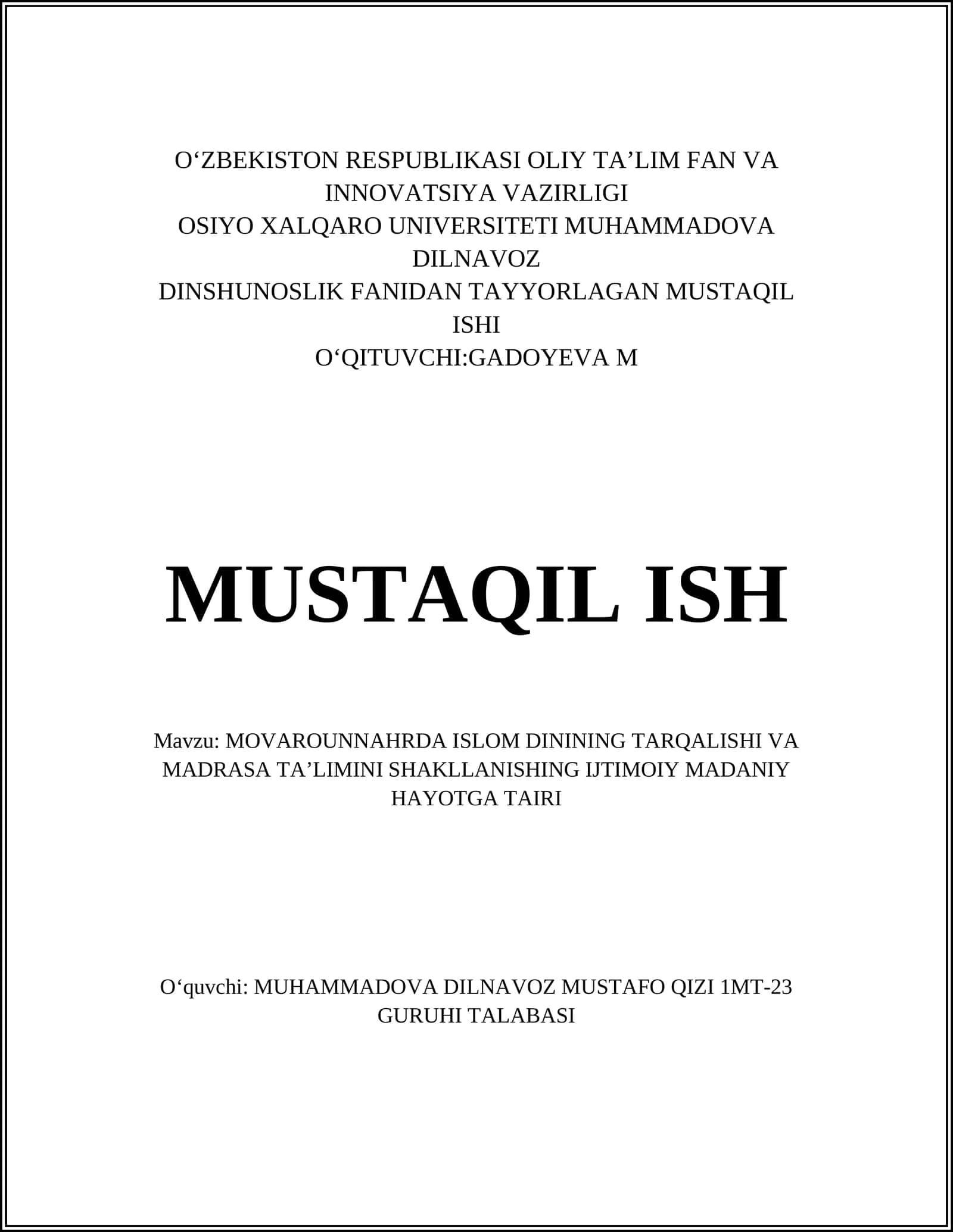 MOVAROUNNAHRDA ISLOM DININING TARQALISHI VA MADRASA TAʼLIMINI SHAKLLANISHING IJTIMOIY MADANIY HAYOTGA TAIRI 1