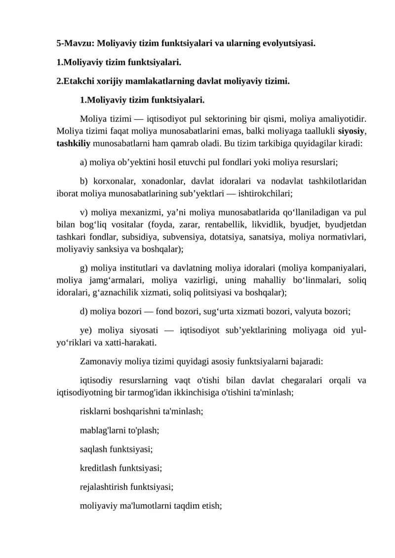 Moliyaviy tizim funktsiyalari va ularning evolyutsiyasi 1