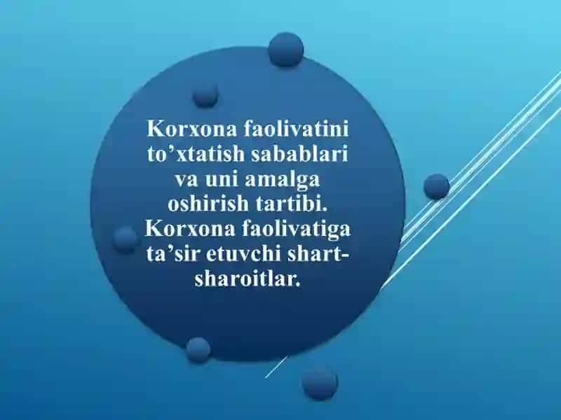 Korxona faolivatini to’xtatish sabablari va uni amalga oshirish tartibi. Korxona faolivatiga ta’sir etuvchi shart-sharoitlar.