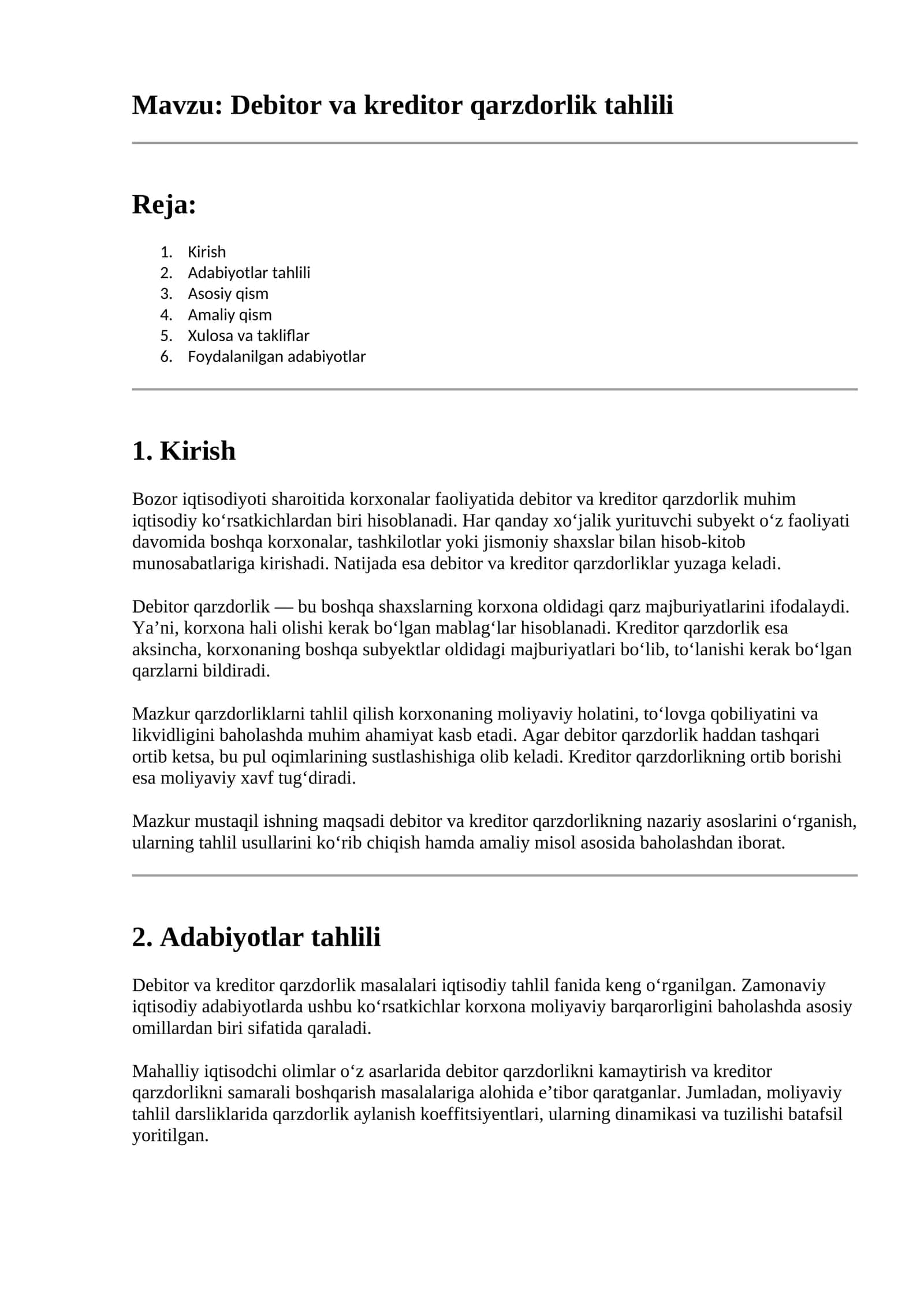 Debitor va kreditor qarzdorlik tahlili 1