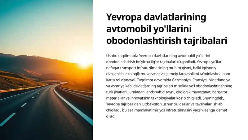 Yevropa davlatlarining avtomobil yo'llarini obodonlashtirish tajribalari 1