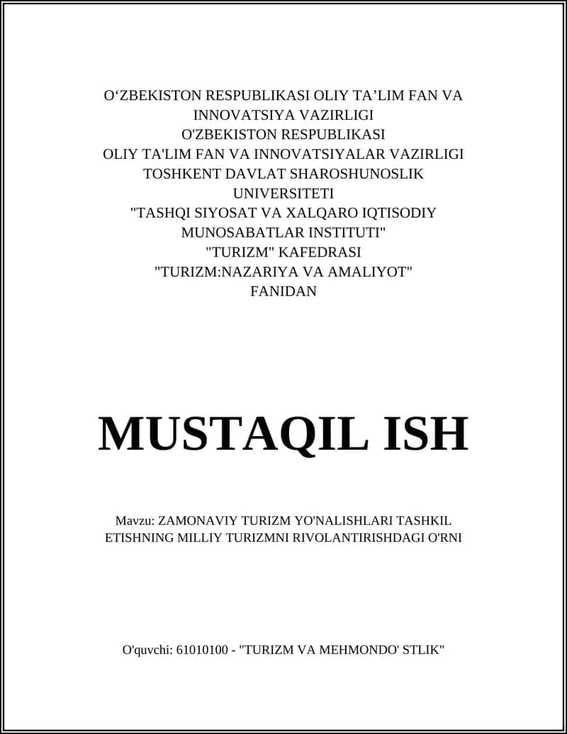 Zamonaviy Turizm Yonalishlari 1