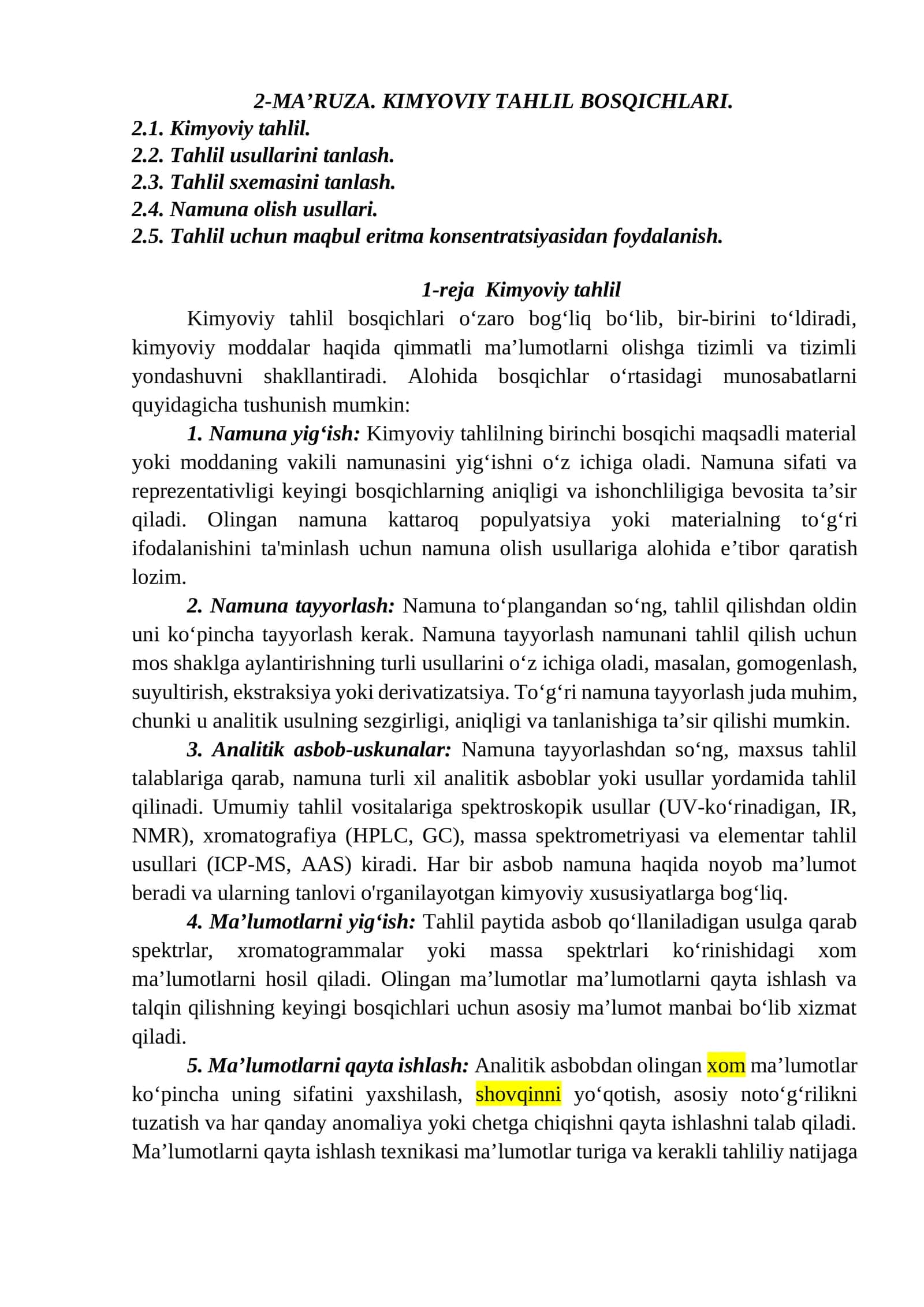 KIMYOVIY TAHLIL BOSQICHLARI 1
