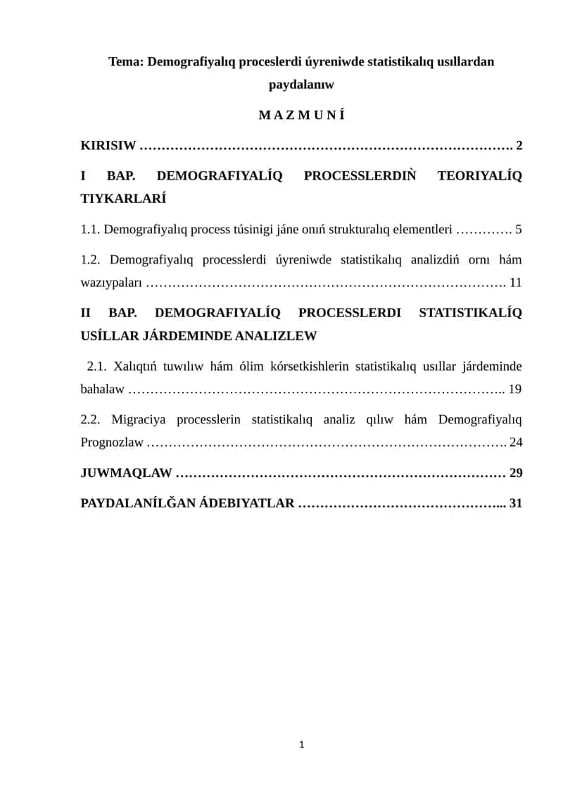 Demografiyalıq proceslerdi úyreniwde statistikalıq usıllardan paydalanıw 1