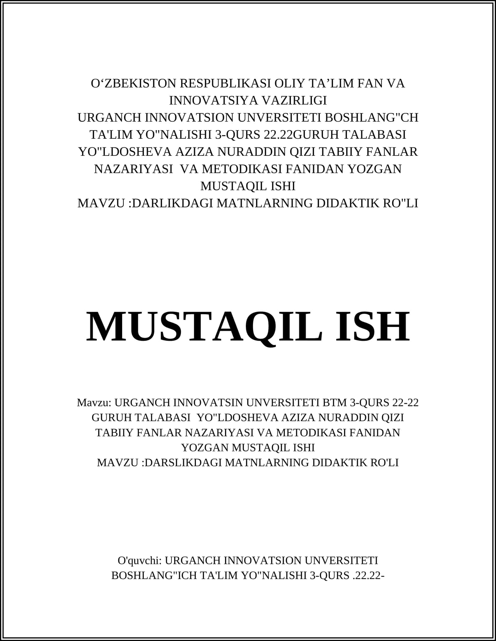 DARSLIKDAGI MATNLARNING DIDAKTIK RO"LI 1
