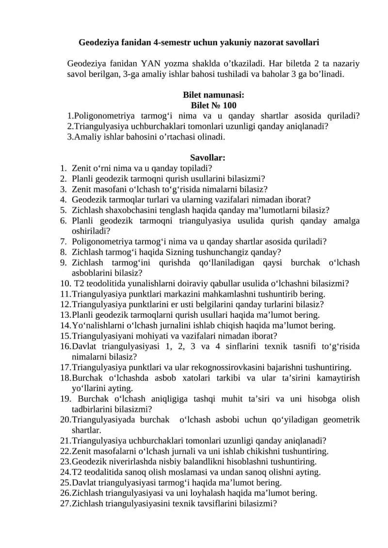 Geodeziya fanidan 4-semestr uchun yakuniy nazorat savollari 1