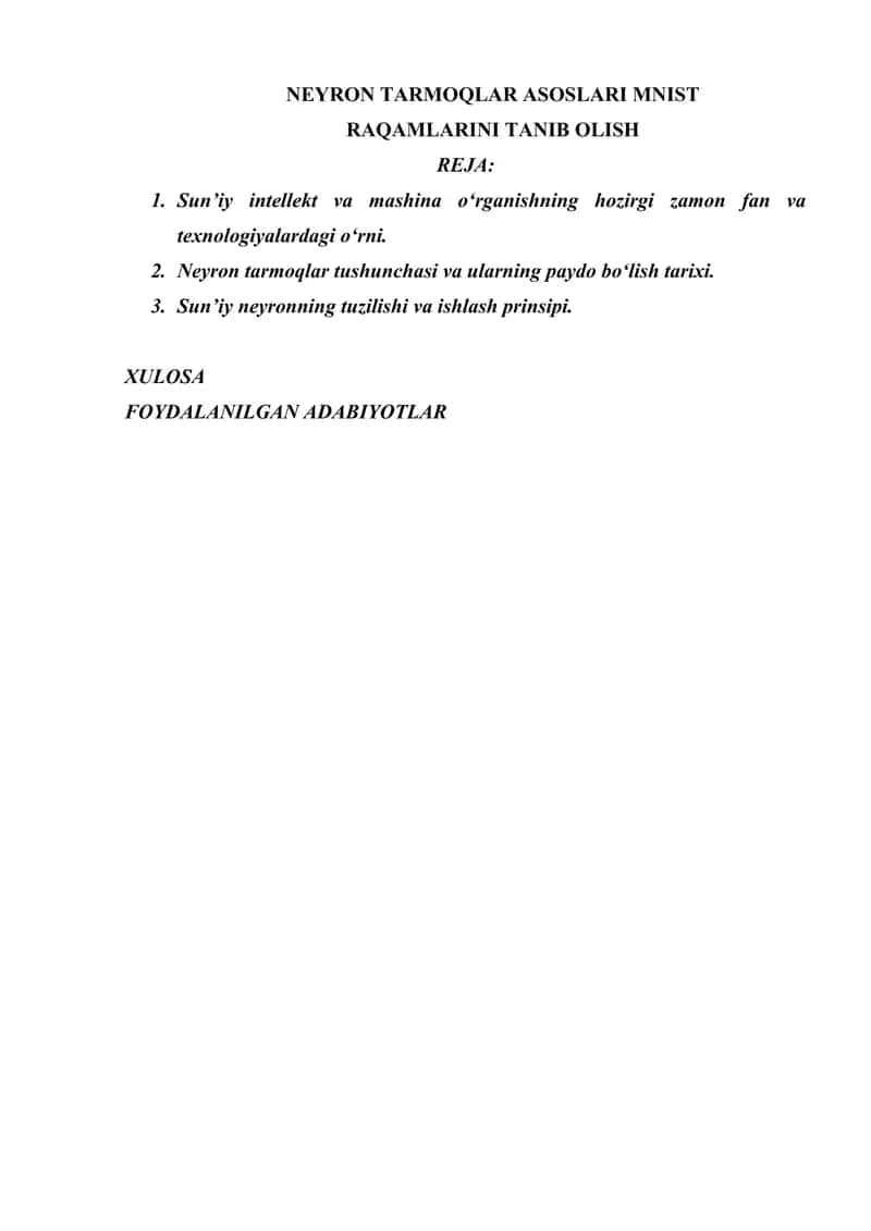 NEYRON TARMOQLAR ASOSLARI MNIST RAQAMLARINI TANIB OLISH 1